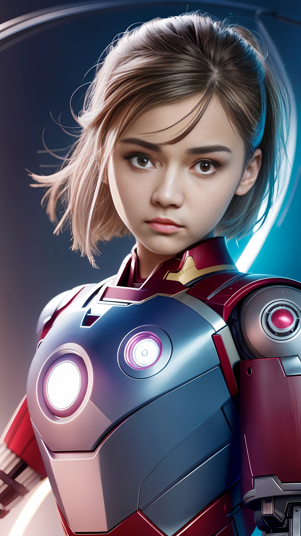 Highest image quality, highest resolution, 8K, human face, mechanical body, modified person, delicate facial features, 14-year-old girl's face, robotic arm, and a miniature nuclear reactor like Iron Man on his chest