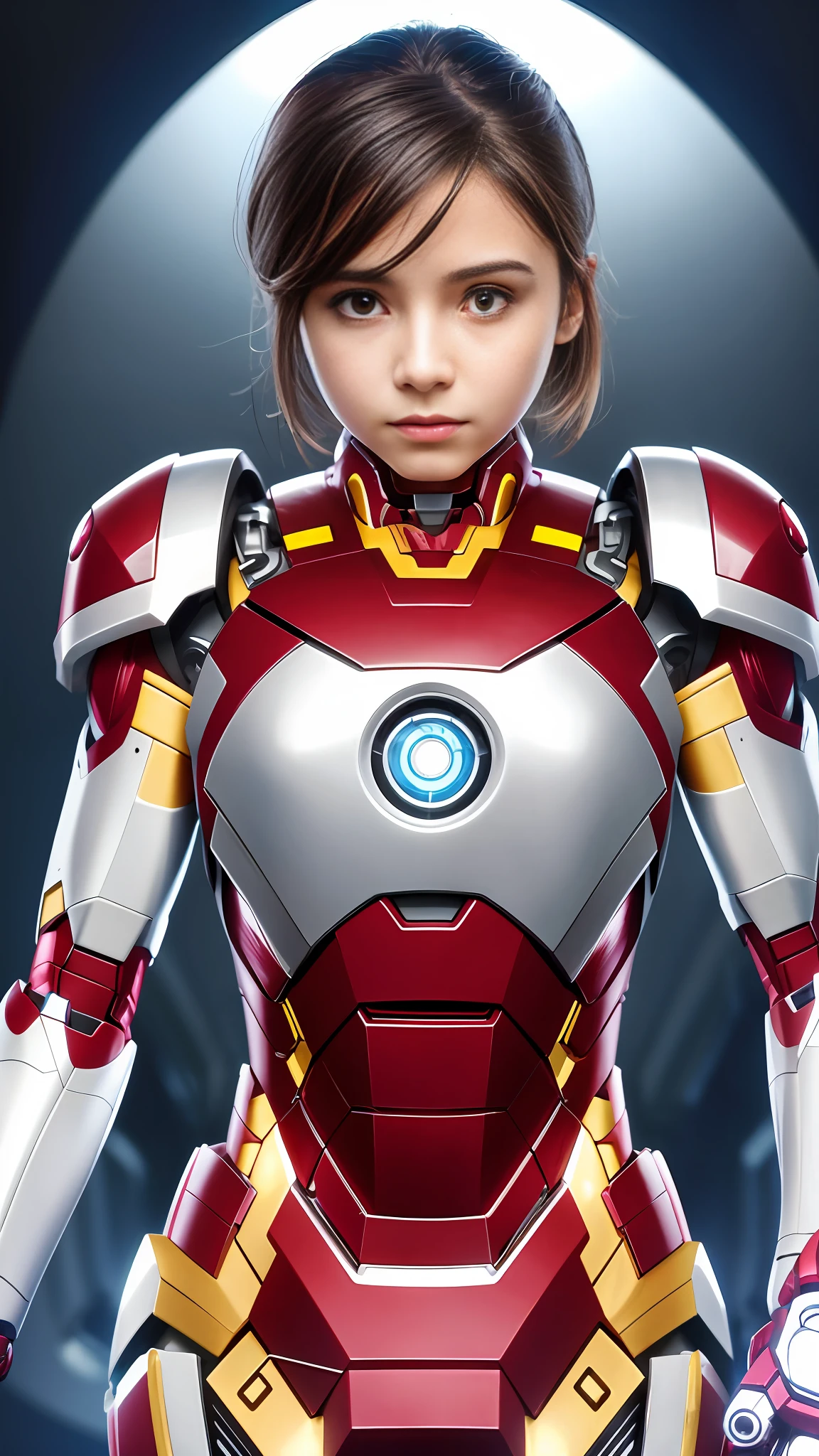 Highest image quality, highest resolution, 8K, human face, mechanical body, modified person, delicate facial features, -yeld gis face, robotic arm, and a miniature nuclear reactor like Iron Man on his chest