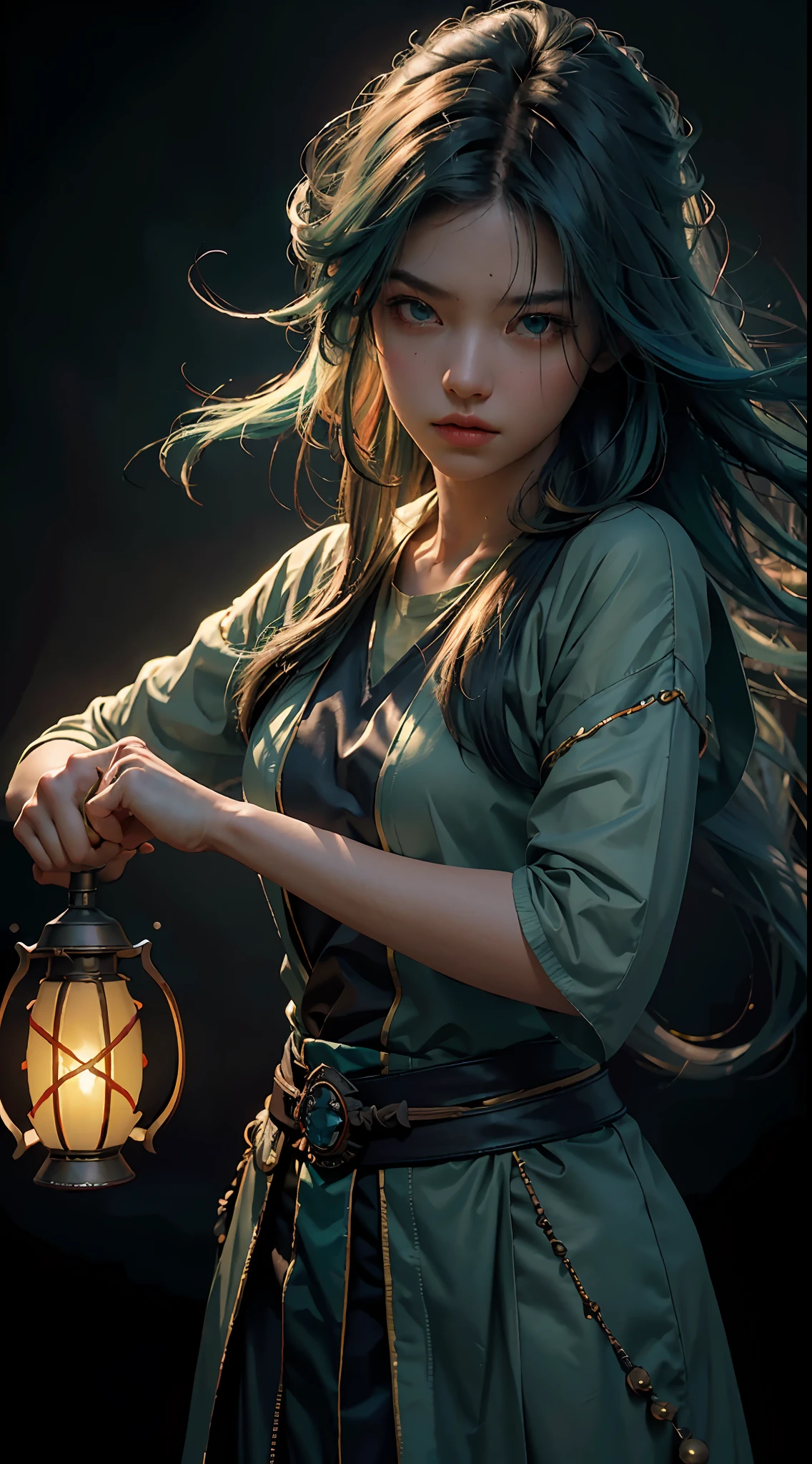 Best quality, masterpiece, ultra high res, (photorealistic:1.4), raw photo, 1girl, weapon master girl, cinematic lighting, ((female)), fierce, holding a lamp, death element, rainbow elemental hair, long hair, soul bender, greenish blue base