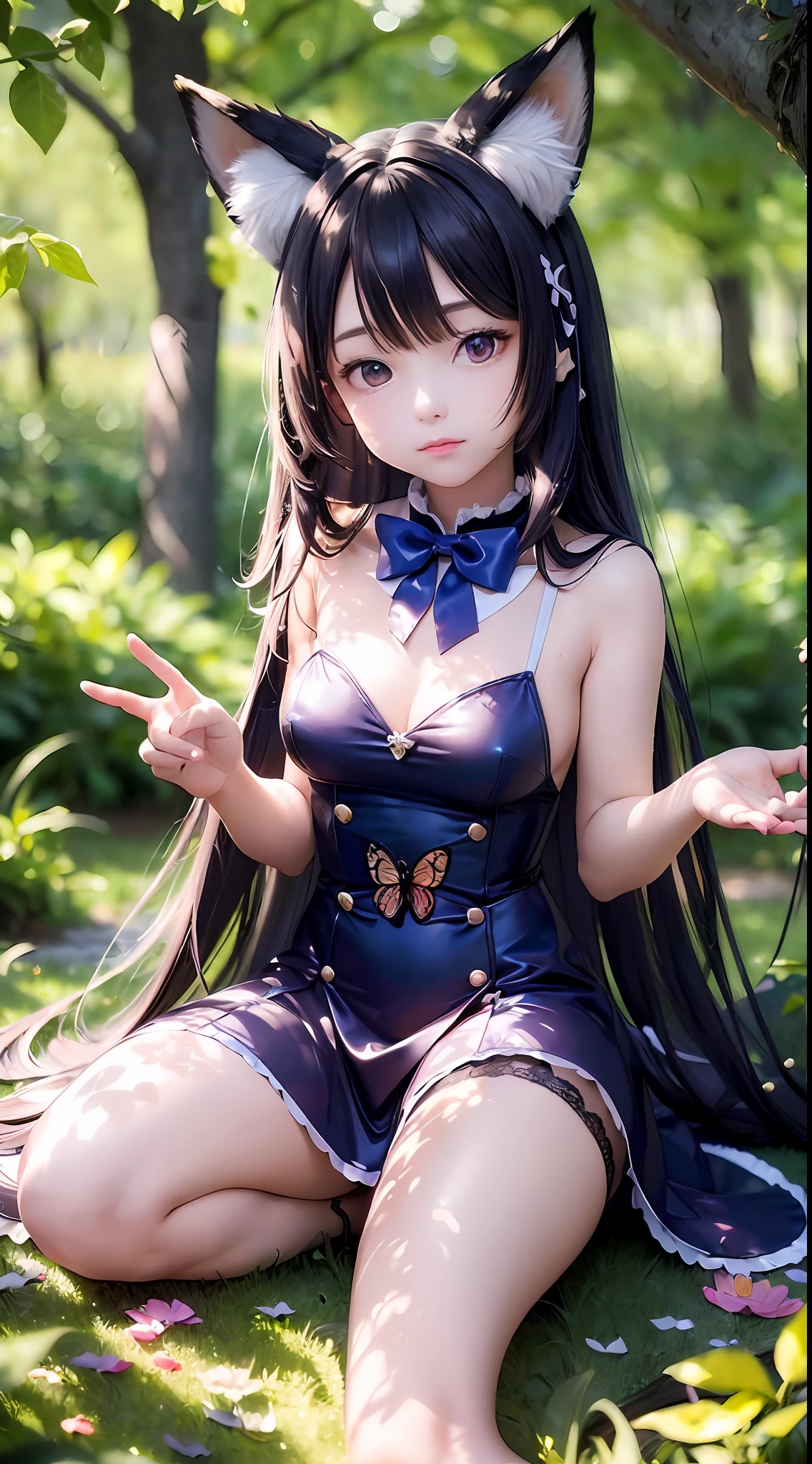 (16k ultra-fine CG wallpaper, HD masterpiece, excellent picture quality, super fine texture), (excellent light and shadow, delicate and beautiful), (real smooth skin), (jewel-like shining eyes), (18K close-up), anime, cute, loli girl (full body: 1.1), sitting on a branch, outdoor, blue hair, animal ears, animal ear hair, fox girl, alice in wonderland, stockings, mid-chest, sleeveless princess dress, butterfly, fantasy, magic, flower, ray tracing, Tyndall effect, depth of field, blur background, blur foreground, light particles, reflected light, edge light, bloom effect,