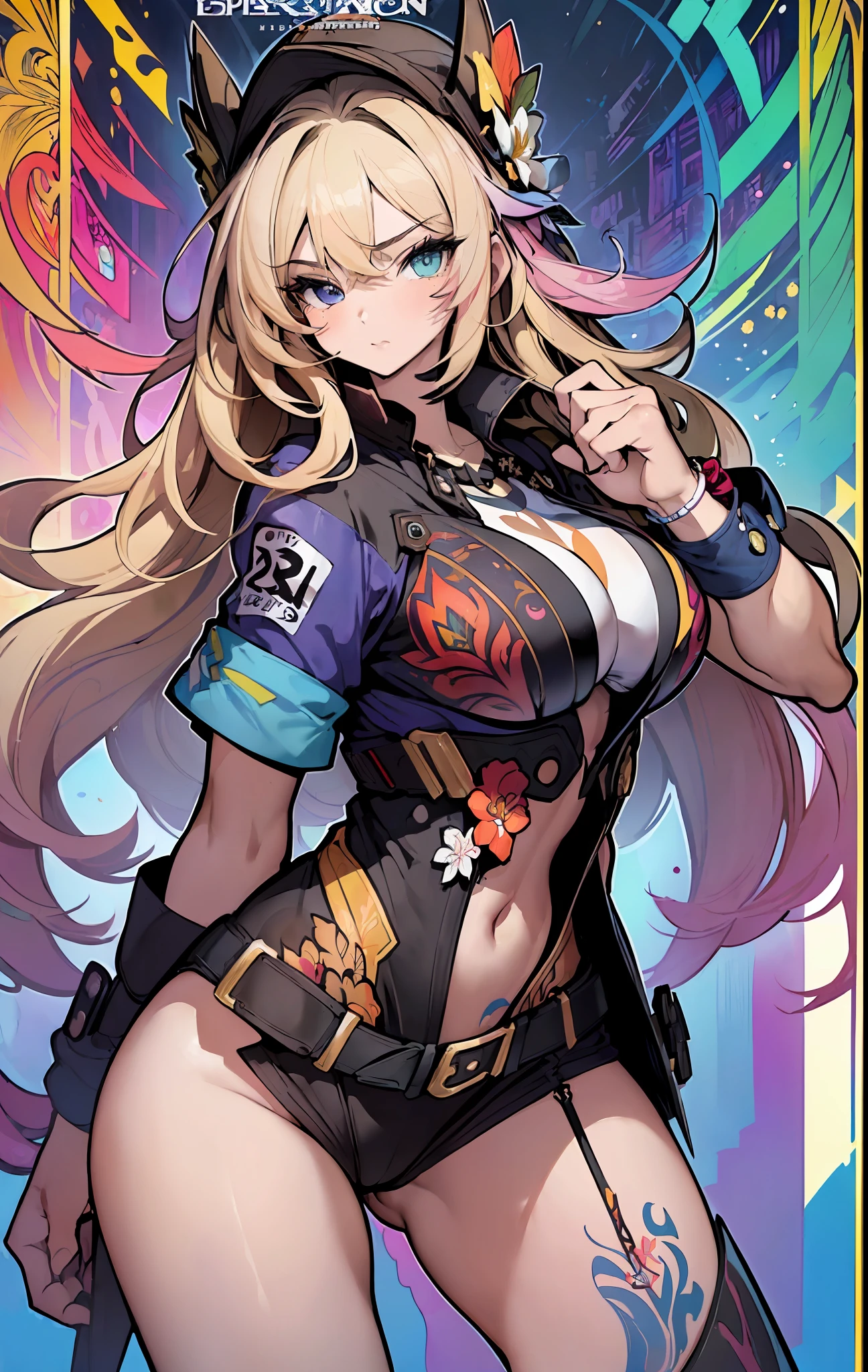 ((((espetacular))) ((heróico)) (((intenso))),background, misto-language_text, letras japonesas em graffit ,garotas, excelente iluminação, sidelighting, (), vhsKeeper,, estilo GUILTY GEAR -STRIVE perfeito ultimate (cor plana: 1.3), (magazine_cover: 1.4), (multicolored_background: 1.3), striped_background, card_background, :: estilo comix por joe madureira :: peças circulares de metais brancas coladas nos braços saindo brilho amarelo cintilante,beautiful woman with long hair ultra detailed, (beautiful and clear background:1.2),, fantastic paintings ,graffit style, flowers, olhos altamente detalhados , a t-shirt or dressed in a white blouse underneath, with both fists in a fighting position, and bracelets, fighting against an enemy, with long black hair , stained glass colored, out, vibrant, alphonse mucha style, fantastic paintings by joe madureira ,high quality, art,kelly brook beautiful woman with long blonde hair , freedom, soul, digital illustration, comic style, perfect anatomy, centered, approaching perfection, dynamic, highly detailed, watercolor painting, artstation, concept art, smooth, sharp focus, illustration, art by carne griffiths and wadim kashin,big breast,alone anime girl with a medium lenght pose and cute clothes, short pastel blonde hair , heterochromia, perfect anatomy