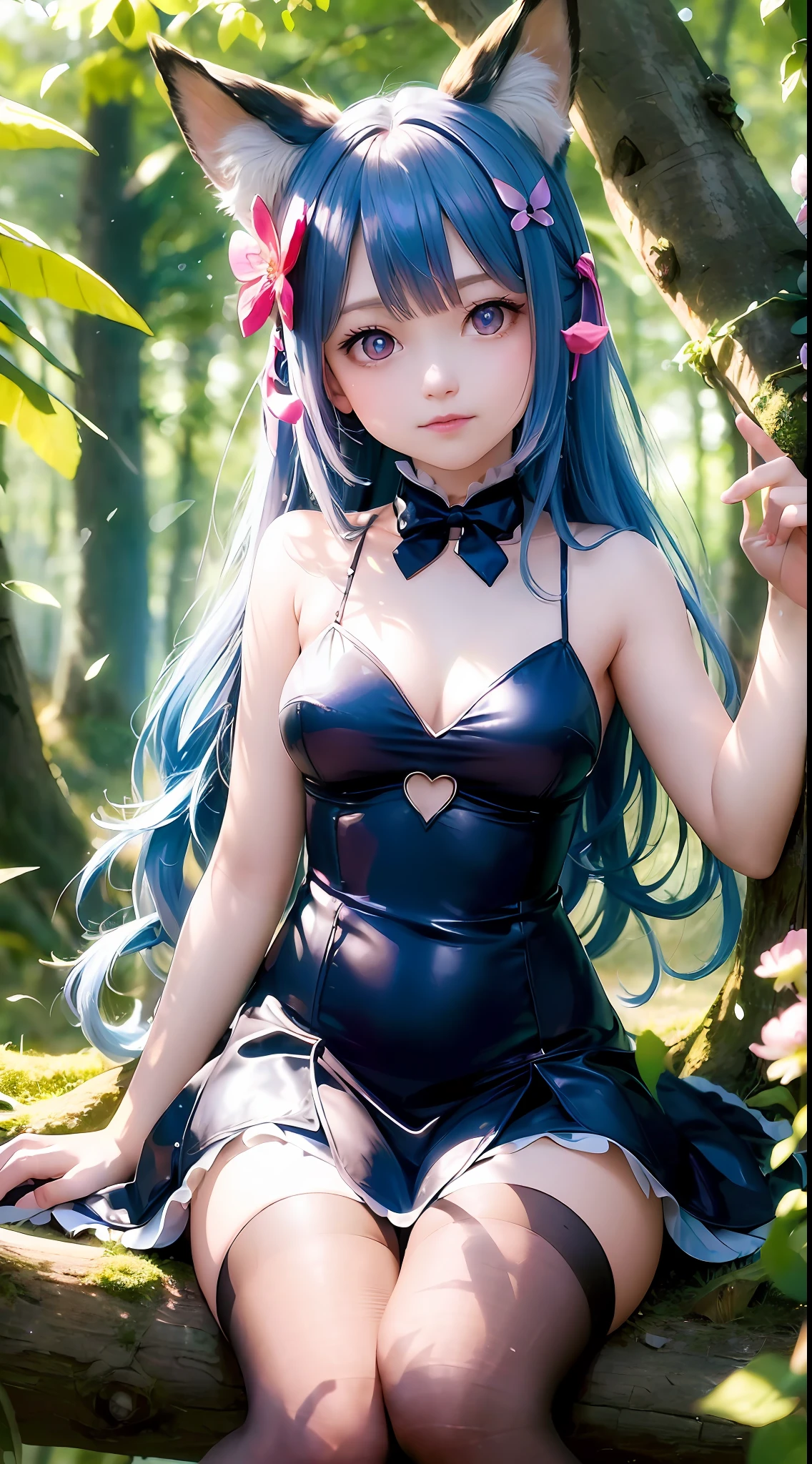 (16k ultra-fine CG wallpaper, HD masterpiece, excellent picture quality, super fine texture), (excellent light and shadow, delicate and beautiful), (real smooth skin), (jewel-like shining eyes), (18K close-up), anime, cute, li girl (full body: 1.1), sitting on a branch, outdoor, blue hair, animal ears, animal ear hair, fox girl, alice in wonderland, stockings, mid-chest, sleeveless princess dress, butterfly, fantasy, magic, flower, ray tracing, Tyndall effect, depth of field, blur background, blur foreground, light particles, reflected light, edge light, bloom effect,