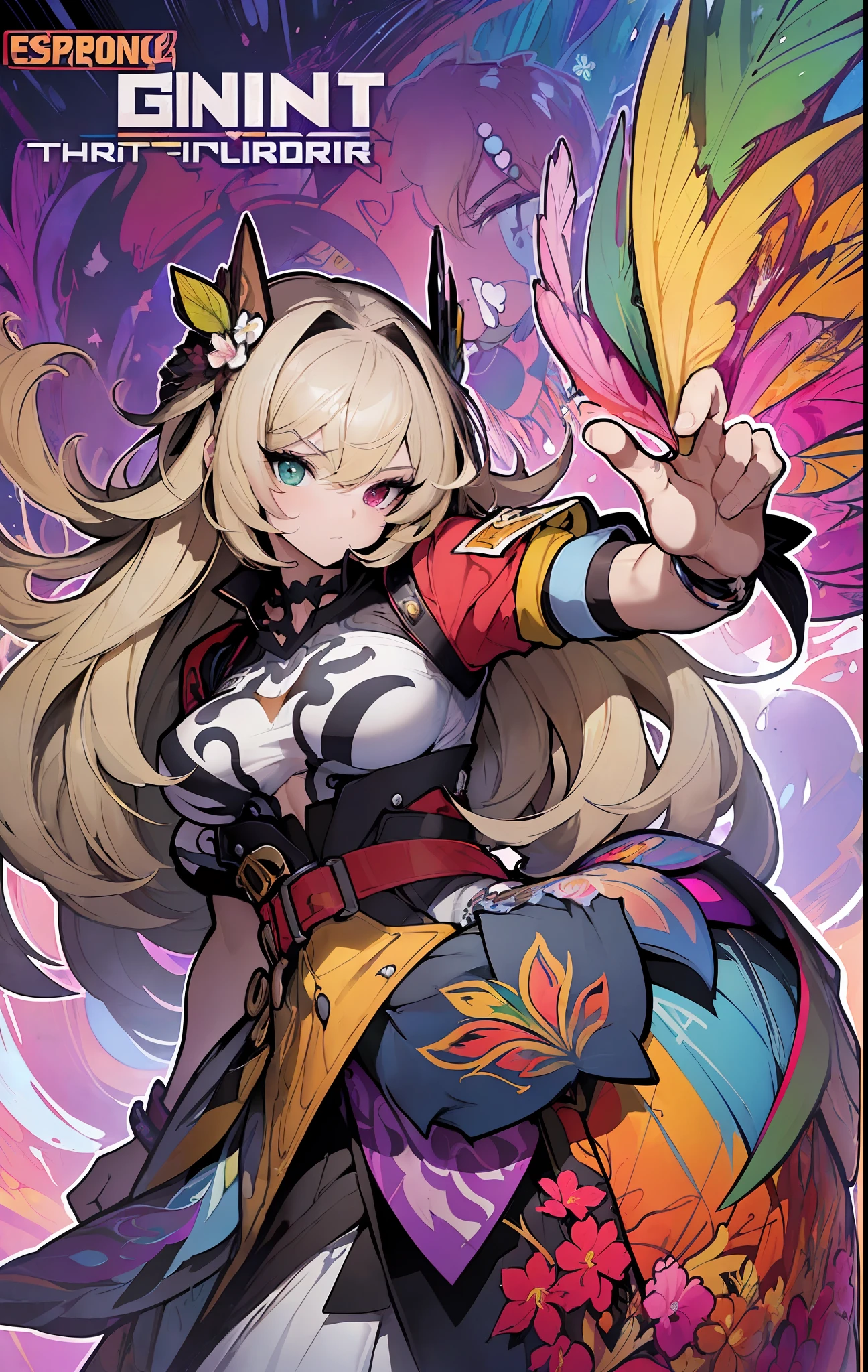 ((((espetacular))) ((heróico)) (((intenso))),background, misto-language_text, letras japonesas em graffit ,garotas, excelente iluminação, sidelighting, (), vhsKeeper,, estilo GUILTY GEAR -STRIVE perfeito ultimate (cor plana: 1.3), (magazine_cover: 1.4), (multicolored_background: 1.3), striped_background, card_background, :: estilo comix por joe madureira :: peças circulares de metais brancas coladas nos braços saindo brilho amarelo cintilante,beautiful woman with long  hair ultra detailed, (beautiful and clear background:1.2),, fantastic paintings ,graffit style,  flowers, olhos altamente detalhados , a t-shirt or dressed in a white blouse underneath, with both fists in a fighting position, and bracelets, fighting against an enemy, with long black hair , stained glass colored,  out, vibrant, alphonse mucha style, fantastic paintings by joe madureira  ,high quality,  art,kelly brook beautiful woman with long blonde hair  , freedom, soul, digital illustration, comic style, perfect anatomy, centered, approaching perfection, dynamic, highly detailed, watercolor painting, artstation, concept art, smooth, sharp focus, illustration, art by carne griffiths and wadim kashin,big  breast,alone anime girl with a medium lenght pose and cute clothes, short pastel blonde hair , heterochromia, perfect anatomy