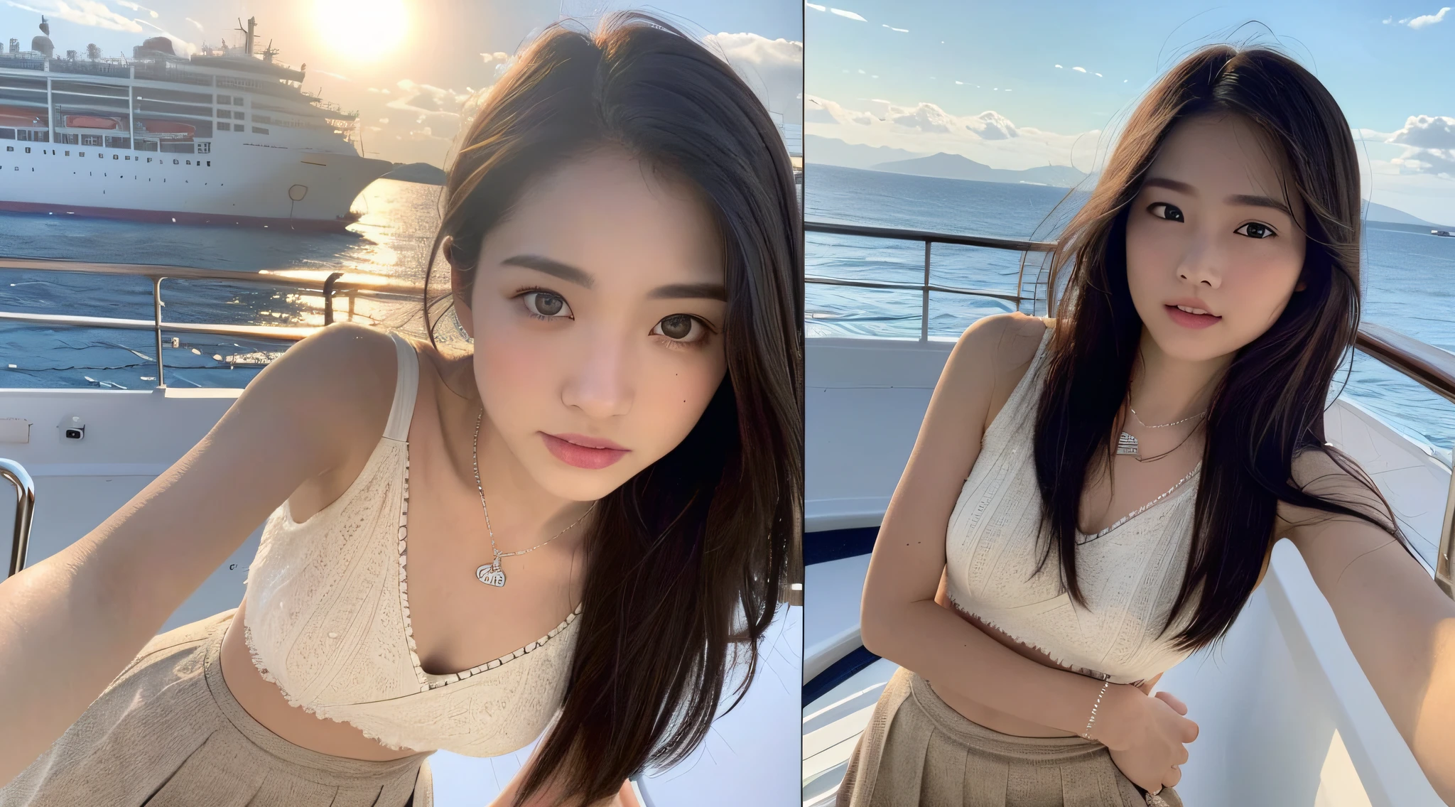 ((Top Quality, 8k, Masterpiece: 1.3)), Focus: 1.2, Perfect Body Beauty: 1.4, Buttocks: 1.1, (((Delicate Long Hair)), (Hip Skirt: 1.2), (Ship, Sea: 1.3), Highly Detailed Face and Skin Texture, Delicate Eyes, Double Eyelids, Whitened Skin, Necklace, Ring, On the Ship, Sun on a Person's Face, Skin Wearing Small