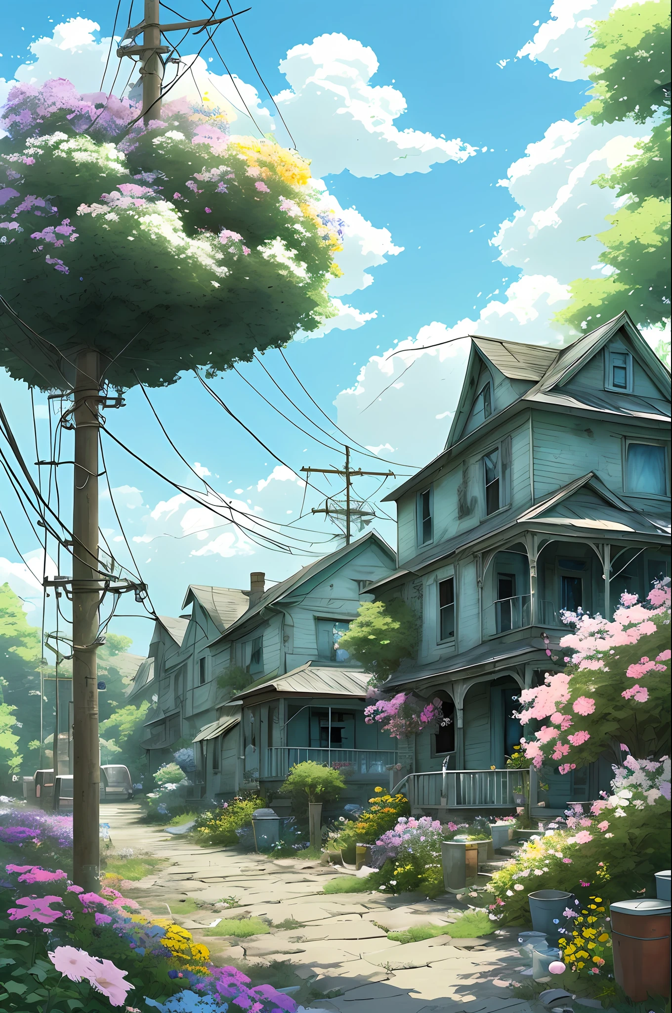 very cozy little place, hyper realism, (anime Makoto Shinkai:0.4), old shabby house in city street, home wiring, outdoors, sky, cloud, day, scenery, tree, blue sky, building, sign, wires, railing, wide shot, utility pole, town, wilderness, flowers, a lot of utensils lying around in a mess