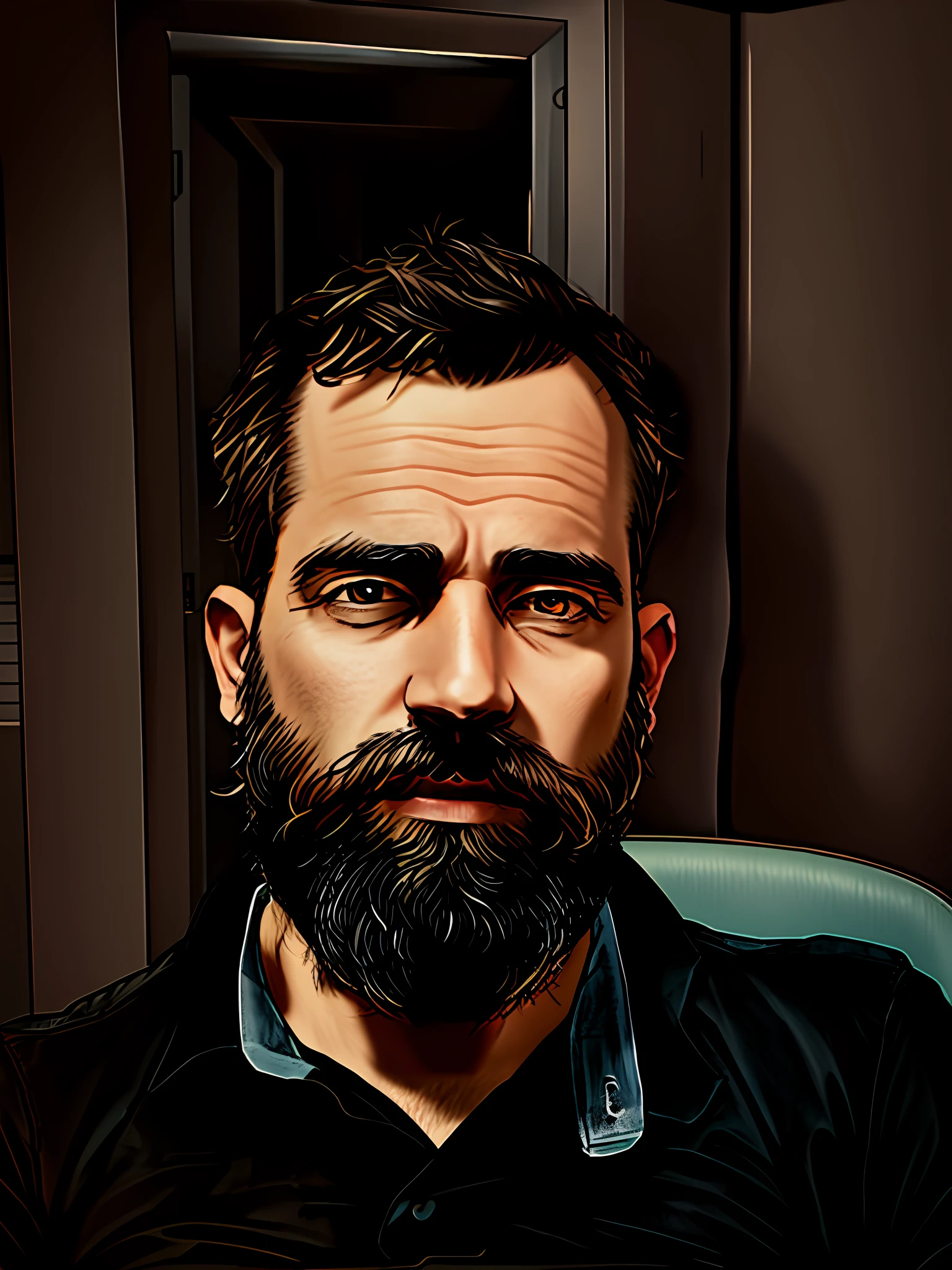Man with beard and black shirt sitting in a chair, loaded, trimmed beard, full beard, 8k selfie photography, GTA 5 style
