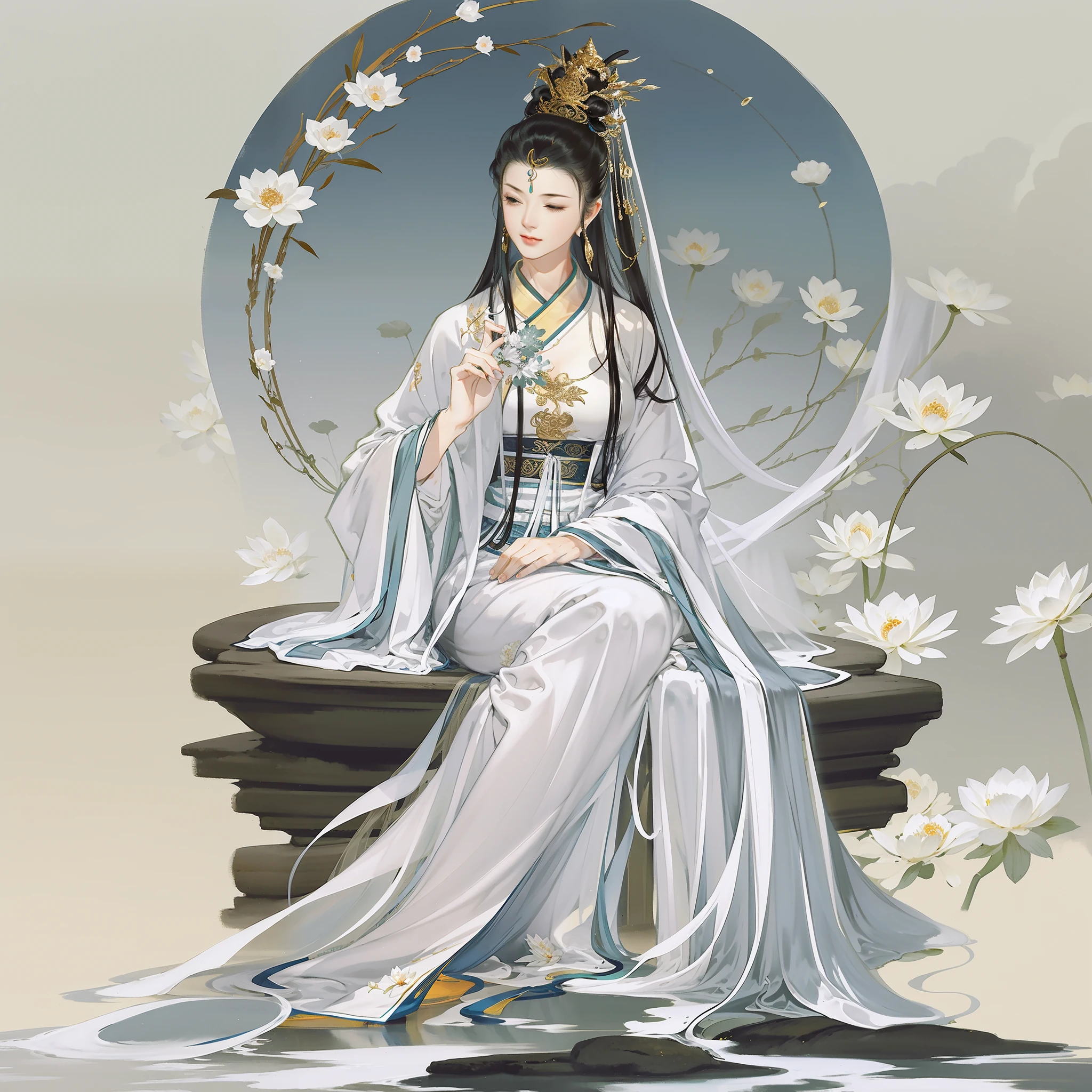 An ancient Chinese Guanyin Bodhisattva, sitting on a lotus-shaped throne, full body portrait, eyes closed, gentle eyes, clear facial features, crown veil, pure white Hanfu, single tone, body surrounded by white mist, fairy fluttering temperament, film edge light, delicate light, masterpiece, super detailed, epic composition, super HD, high quality, highest quality, 32k