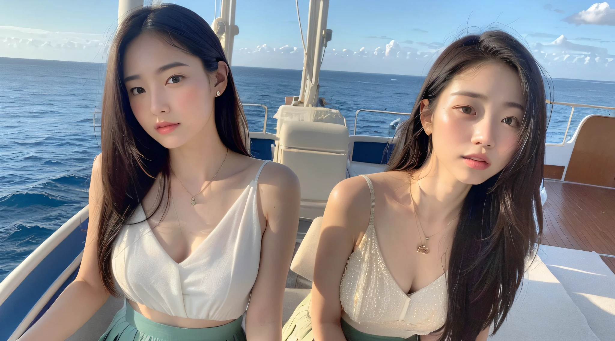 ((Top Quality, 8k, Masterpiece: 1.3)), Focus: 1.2, Perfect Body Beauty: 1.4, Buttocks: 1.1, (((Delicate Long Hair)), (Hip Skirt: 1.2), (Ship, Sea: 1.3), Highly Detailed Face and Skin Texture, Delicate Eyes, Double Eyelids, Whitened Skin, Necklace, Ring, On the Ship, Sun on a Person's Face, Skin Wearing Small
