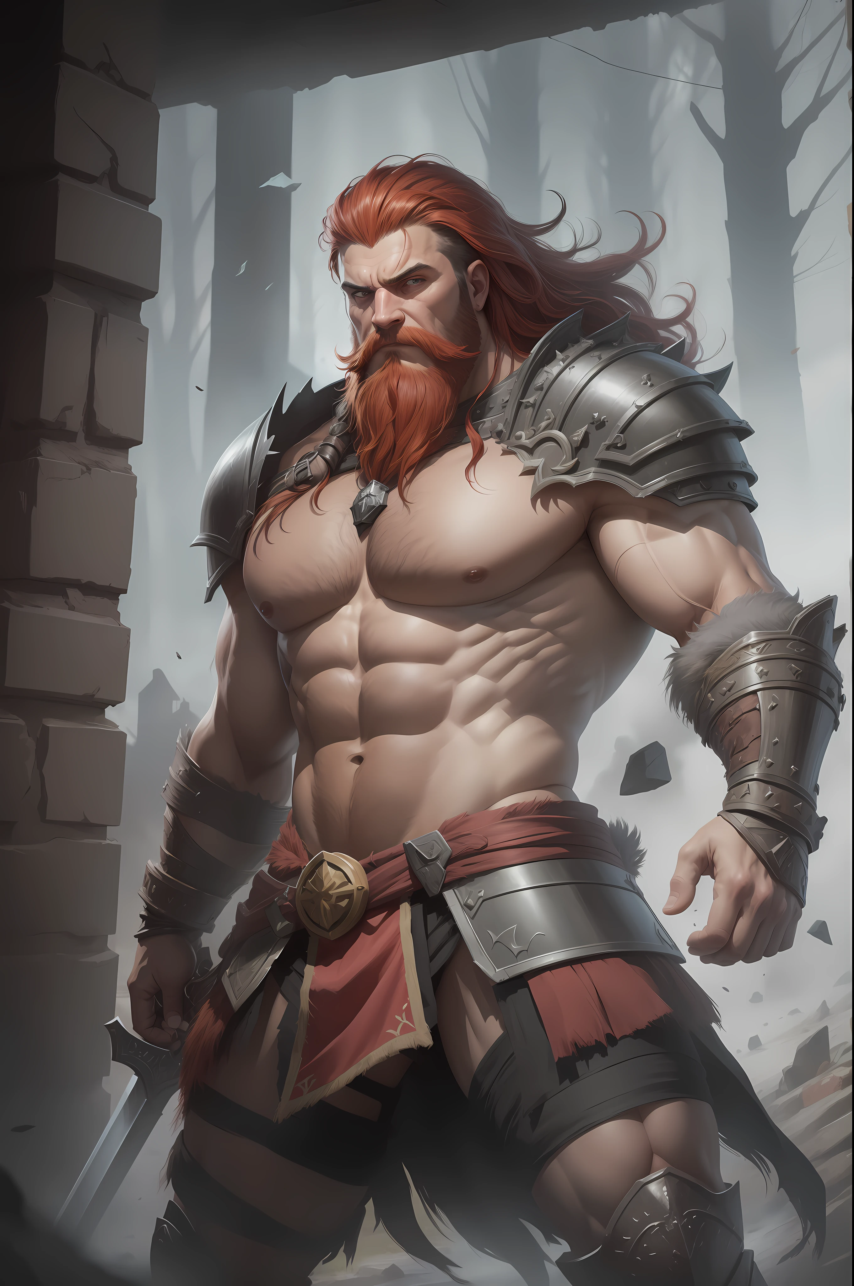 Create an image of Tryndamere, the Barbarian King from the game League of Legends, in the ultra-realistic photographic style. Picture him in an imposing and challenging pose, holding his two-handed sword firmly. Emphasize his wild red hair and rustic beard. Enhance your muscles and the aura of power that surrounds you. Add details to your barbarian armor, showing signs of past battles. Create an environment that represents your warrior spirit, with debris of war around you and dramatic lighting. Be sure to convey your determination and ferocity through the image.