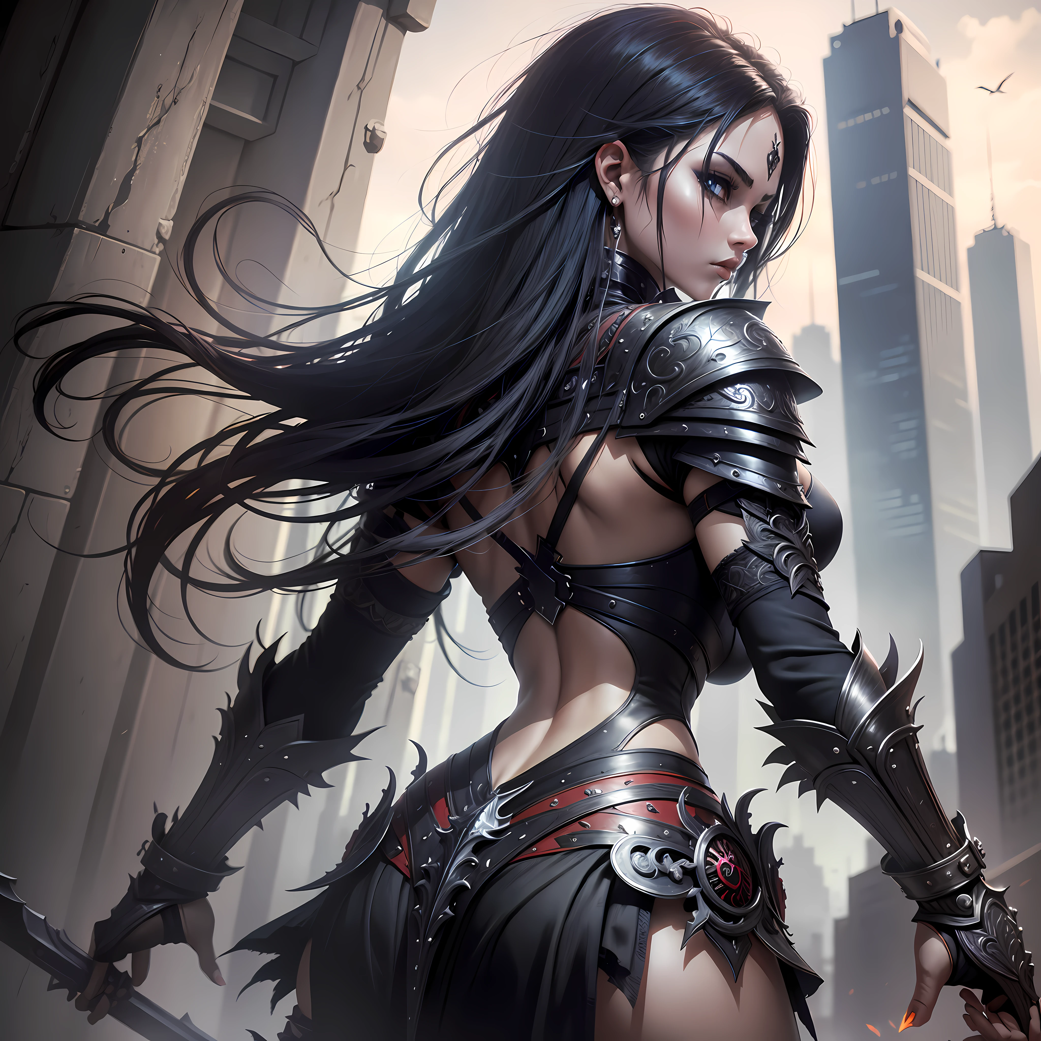 Warrior woman wallpaper with ultra realistic back scenery best quality in gothic style --auto --s2