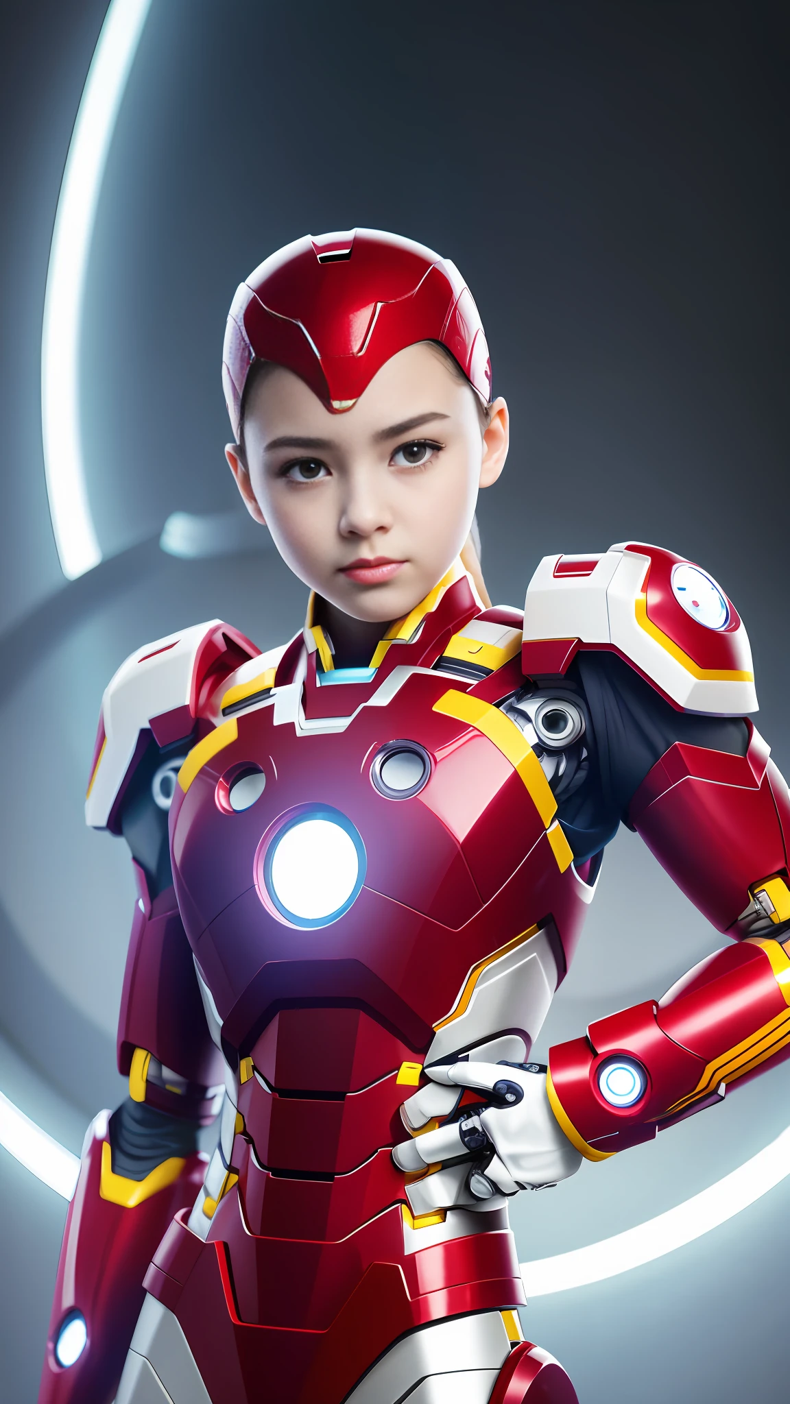Highest image quality, highest resolution, 8K, human face, mechanical body, modified person, delicate facial features, -yeld gis face, robotic arm, and a miniature nuclear reactor like Iron Man on his chest