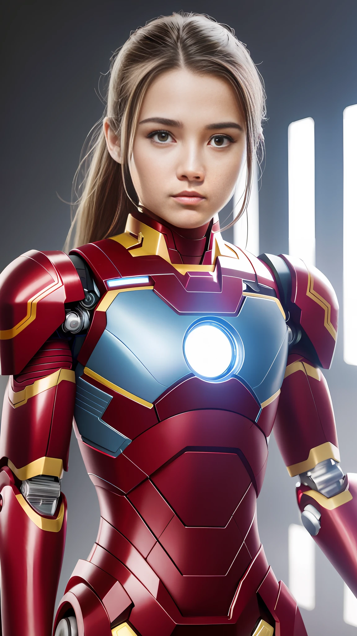 Highest image quality, highest resolution, 8K, human face, mechanical body, modified person, delicate facial features, 14-year-old girl's face, robotic arm, and a miniature nuclear reactor like Iron Man on his chest