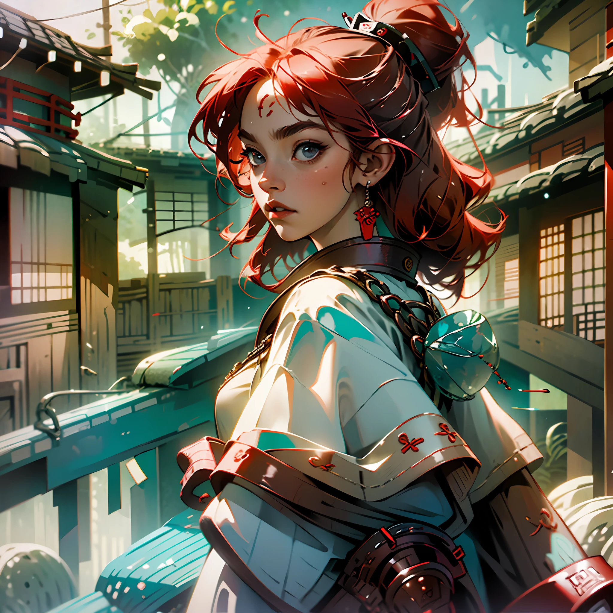 Red-haired woman in a Japanese samurai village, + people around