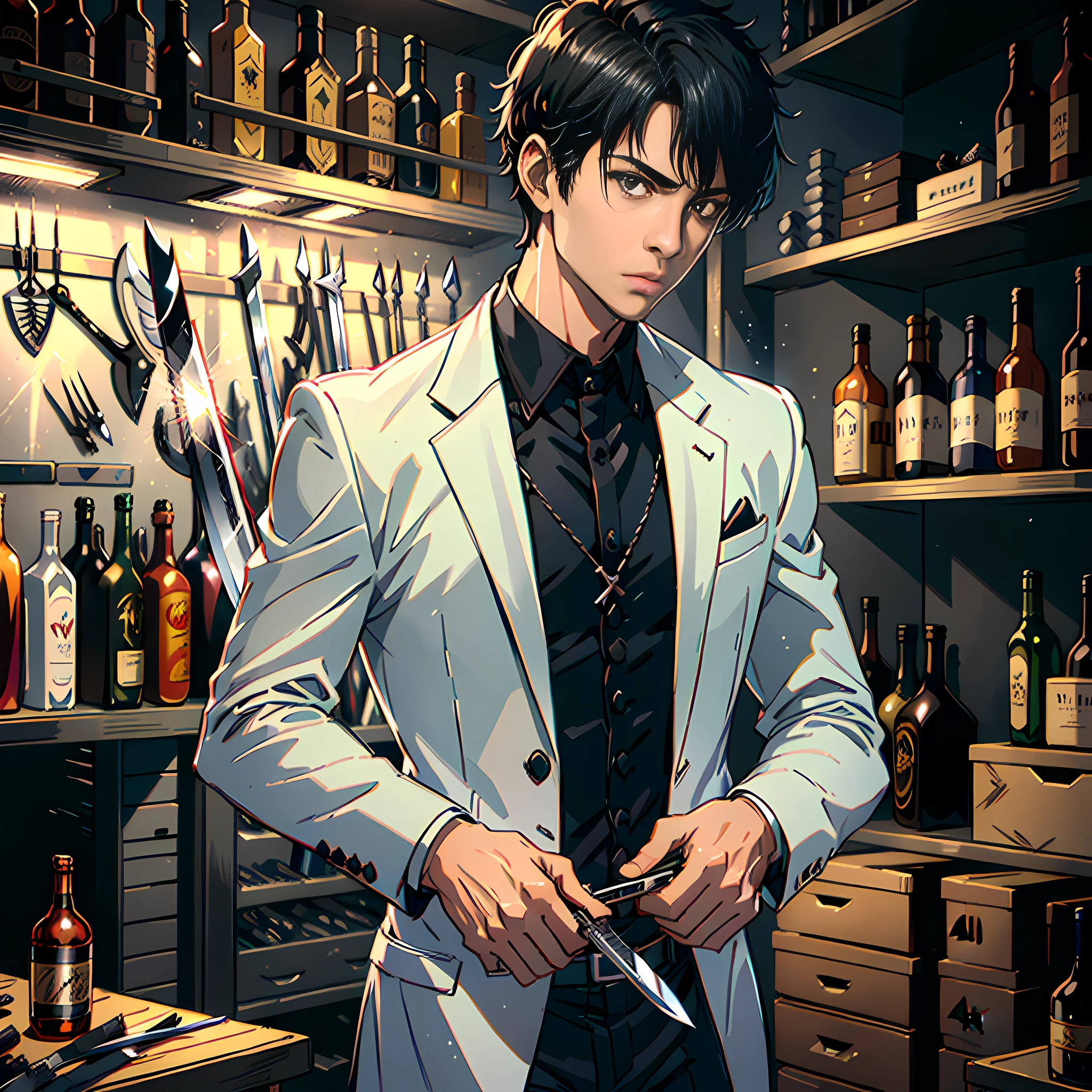 Weapon room, with a lot of knives, swords, bows, crossbows, cold weapons, no alcohol, a handsome boy, white suit, facial hyper-detail, short black hair, black eyes, facial hyper-detail, highly real, 4K, chiaroscuro, super high detail