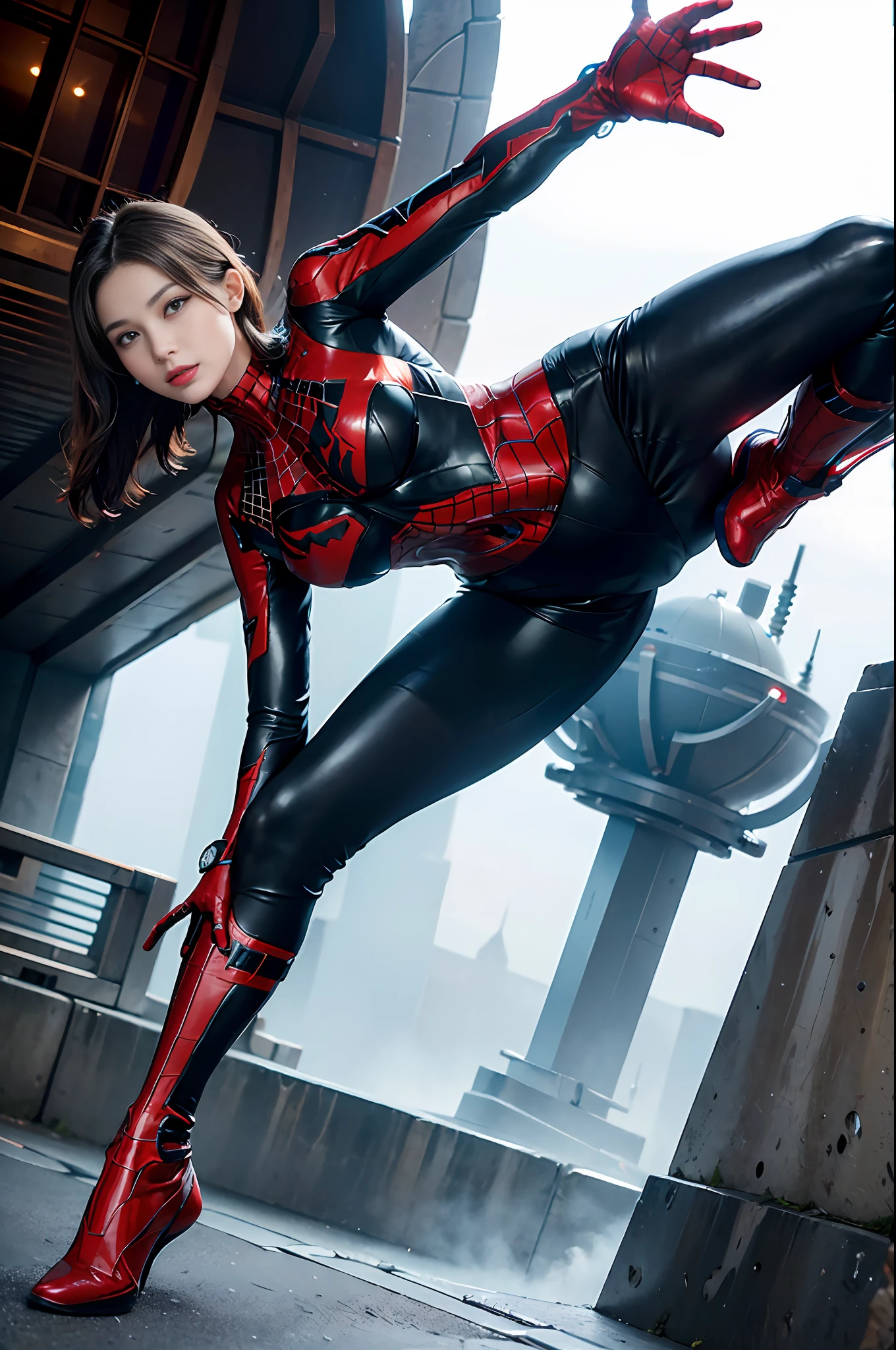 RAW, Masterpiece, Super Fine Photo,, Best Quality, Ultra High Resolution, Photorealistic, Sunlight, Full Body Portrait, Stunningly Beautiful, Dynamic Poses, Delicate Face, Vibrant Eyes, (Side View) , she is wearing a futuristic Iron Lady Spiderman costume, very detailed background, detailed face, detailed and complex busy background, messy, gorgeous, milky, high detailed skin, realistic skin details, visible pores, sharp focus, Volumetric fog, 8k uhd, dslr, high quality, film grain, fair skin, photorealism, lomography, sprawling metropolis in a futuristic dystopia, view from below, translucent