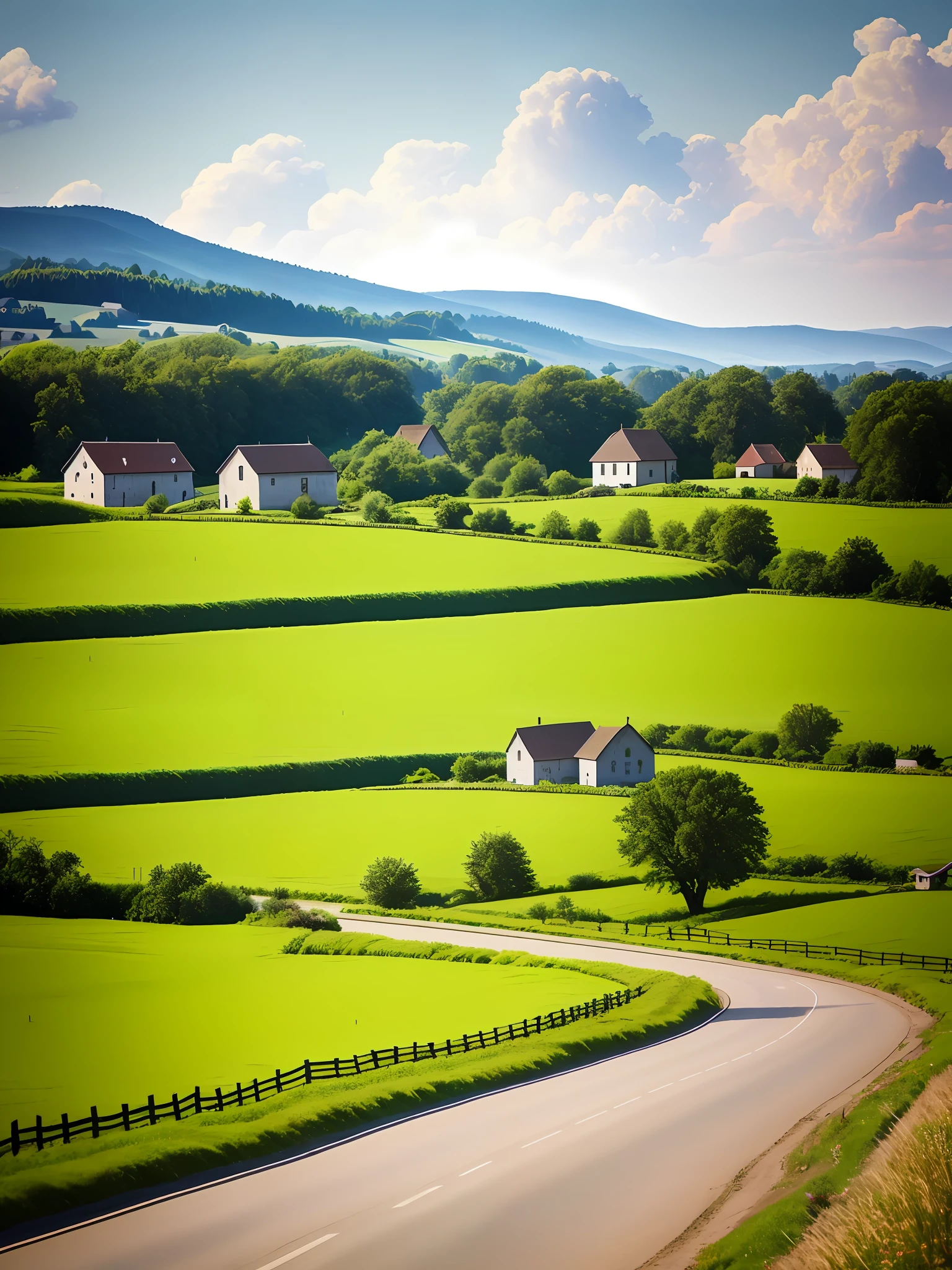 High detail RAW color photo professional, Create a realistic image of a peaceful small town in the countryside, with a main street lined with quaint shops and houses, surrounded by green fields and trees. The sky should be clear, and the overall atmosphere should evoke a sense of tranquility and simplicity, ((high quality:1.2, masterpiece:1.2)), absurdres, high resolution, (8k resolution), 8k, 8kres, 8k res, high details, detailed and intricate, intricate details, high intricate details, absurd amount of details, Extreme Wide Shot, photographed with a Sony a7 III