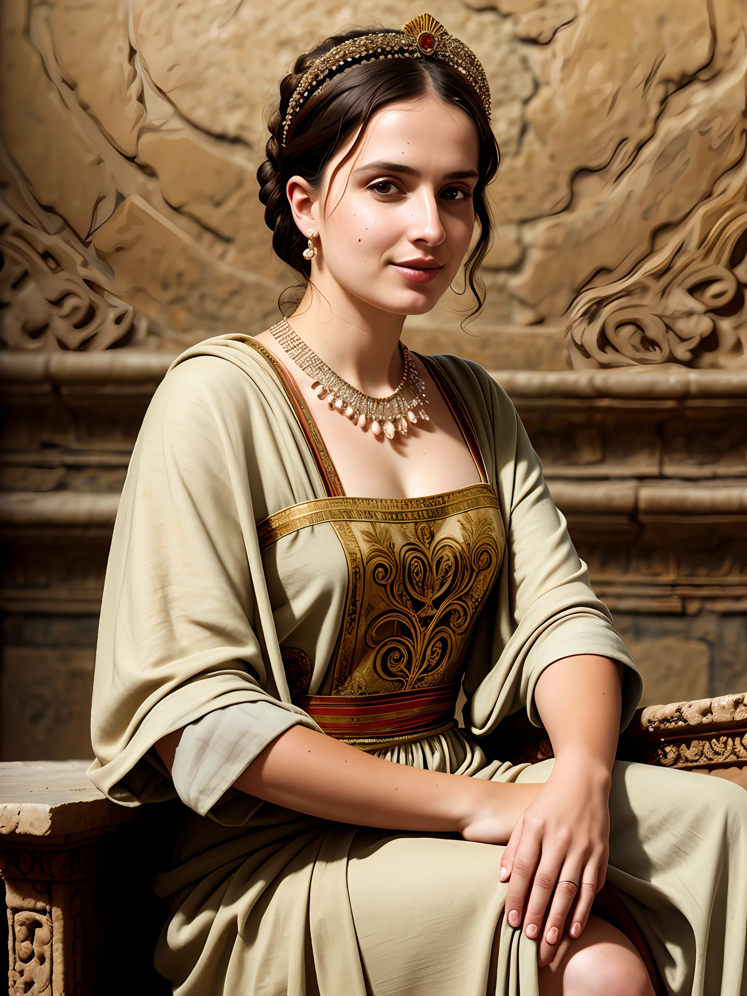 ((((Woman talking,))))photorealistic, of the highest quality, RAW photo, film composition, side view Average photo of a beautiful woman from the ancient Roman empire sitting, (head tilted down, looking down: 1.4), (weak smile, thoughtful look), (wearing a (long baggy cloth: 1.2) tunic in classic style, rich antique style body accessories, fabulous diadem), skin texture,  [skin wrinkles, skin blemishes], wrinkles on clothing, interior, (hairstyle of the ancient Roman empire|clothes|furniture|background), (highly detailed background:1.4), (abundant details, intricate details:1.2), highly detailed clothing, volumetric lighting, sharp focus, 8k, highly detailed, UHD, HDR, Asian-Less,