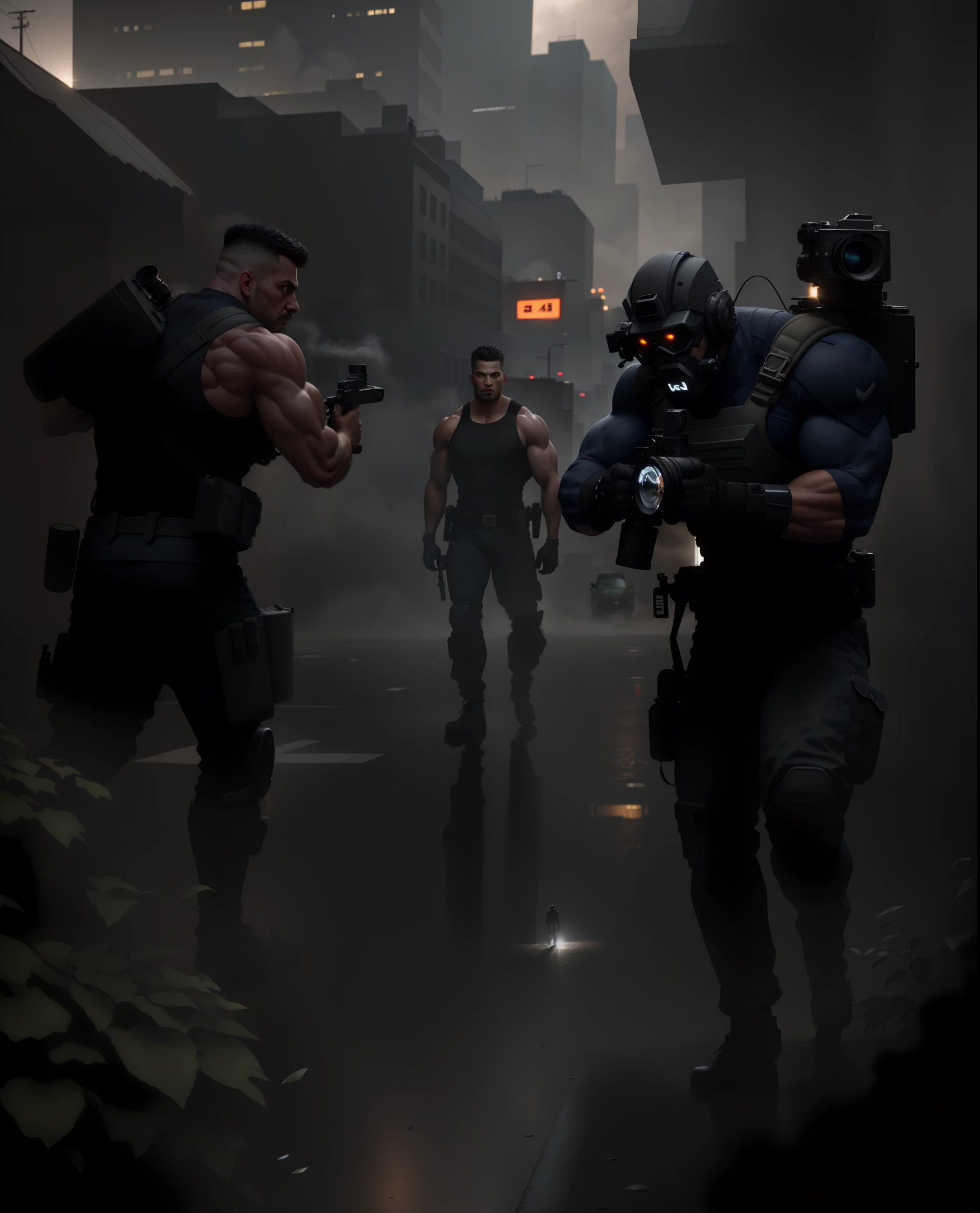 fitness man,strong man holding a gun,one man standing holding a gun and the other man on the ground, a shadowy city behind man, ultra realistic image, HD image, Full HD, Full definition, realism, ultra realistic quality, photography,professional photo, 8K, cinematic lighting, photographic, Eastman Kodak Color Negative film 5251 50T shot on panavision super ps . No arms,Light through the mist morning fog, highly detailed, photorealistic portrait, bright studio setting, studio lighting, crisp quality and light reflections, unreal engine 5 quality render, realistic face,naturals body figure on Instagram, full body shot, telephoto lens, 50mm --auto --s2