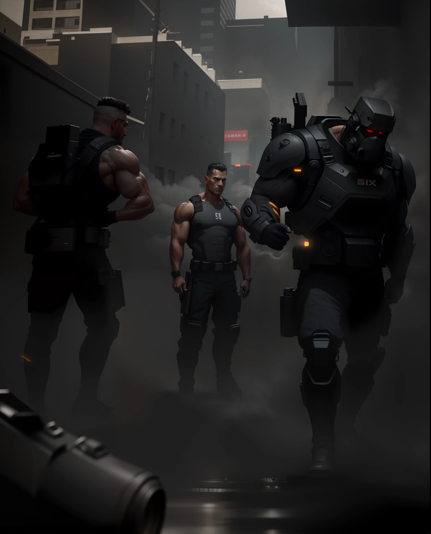 fitness man,strong man holding a gun,one man standing holding a gun and the other man on the ground, a shadowy city behind man, ultra realistic image, HD image, Full HD, Full definition, realism, ultra realistic quality, photography,professional photo, 8K, cinematic lighting, photographic, Eastman Kodak Color Negative film 5251 50T shot on panavision super ps . No arms,Light through the mist morning fog, highly detailed, photorealistic portrait, bright studio setting, studio lighting, crisp quality and light reflections, unreal engine 5 quality render, realistic face,naturals body figure on Instagram, full body shot, telephoto lens, 50mm --auto --s2