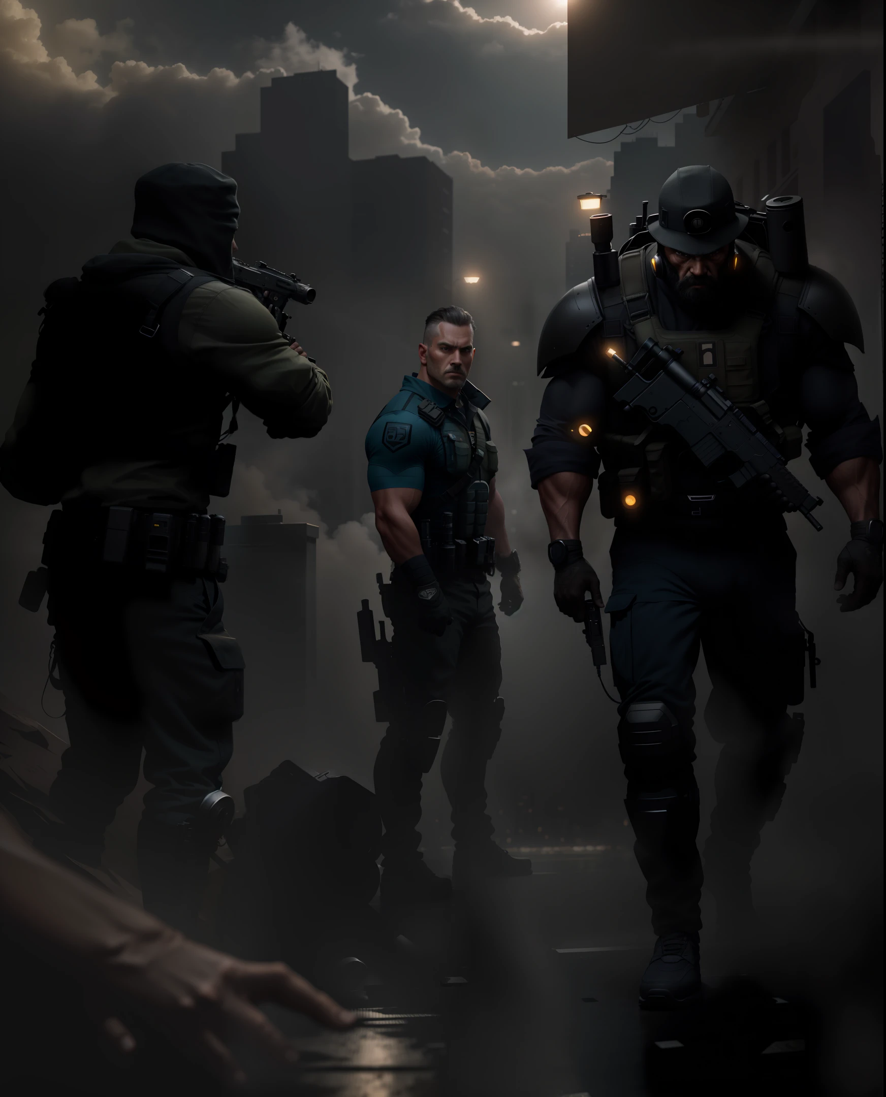 fitness man,strong man holding a gun,one man standing holding a gun and the other man on the ground, a shadowy city behind man, ultra realistic image, HD image, Full HD, Full definition, realism, ultra realistic quality, photography,professional photo, 8K, cinematic lighting, photographic, Eastman Kodak Color Negative film 5251 50T shot on panavision super ps . No arms,Light through the mist morning fog, highly detailed, photorealistic portrait, bright studio setting, studio lighting, crisp quality and light reflections, unreal engine 5 quality render, realistic face,naturals body figure on Instagram, full body shot, telephoto lens, 50mm --auto --s2