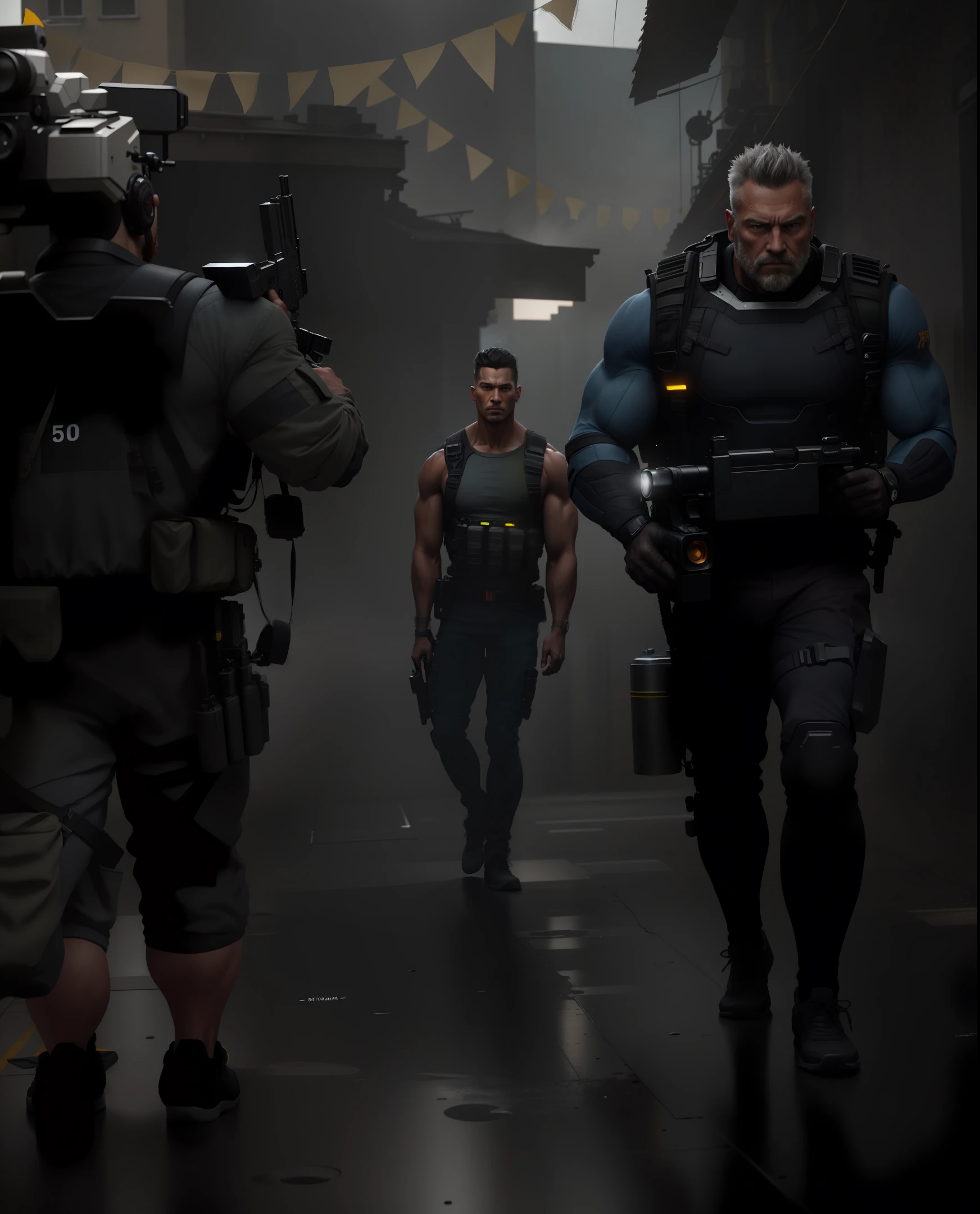 fitness man,strong man holding a gun,one man standing holding a gun and the other man on the ground, a shadowy city behind man, ultra realistic image, HD image, Full HD, Full definition, realism, ultra realistic quality, photography,professional photo, 8K, cinematic lighting, photographic, Eastman Kodak Color Negative film 5251 50T shot on panavision super ps . No arms,Light through the mist morning fog, highly detailed, photorealistic portrait, bright studio setting, studio lighting, crisp quality and light reflections, unreal engine 5 quality render, realistic face,naturals body figure on Instagram, full body shot, telephoto lens, 50mm --auto --s2