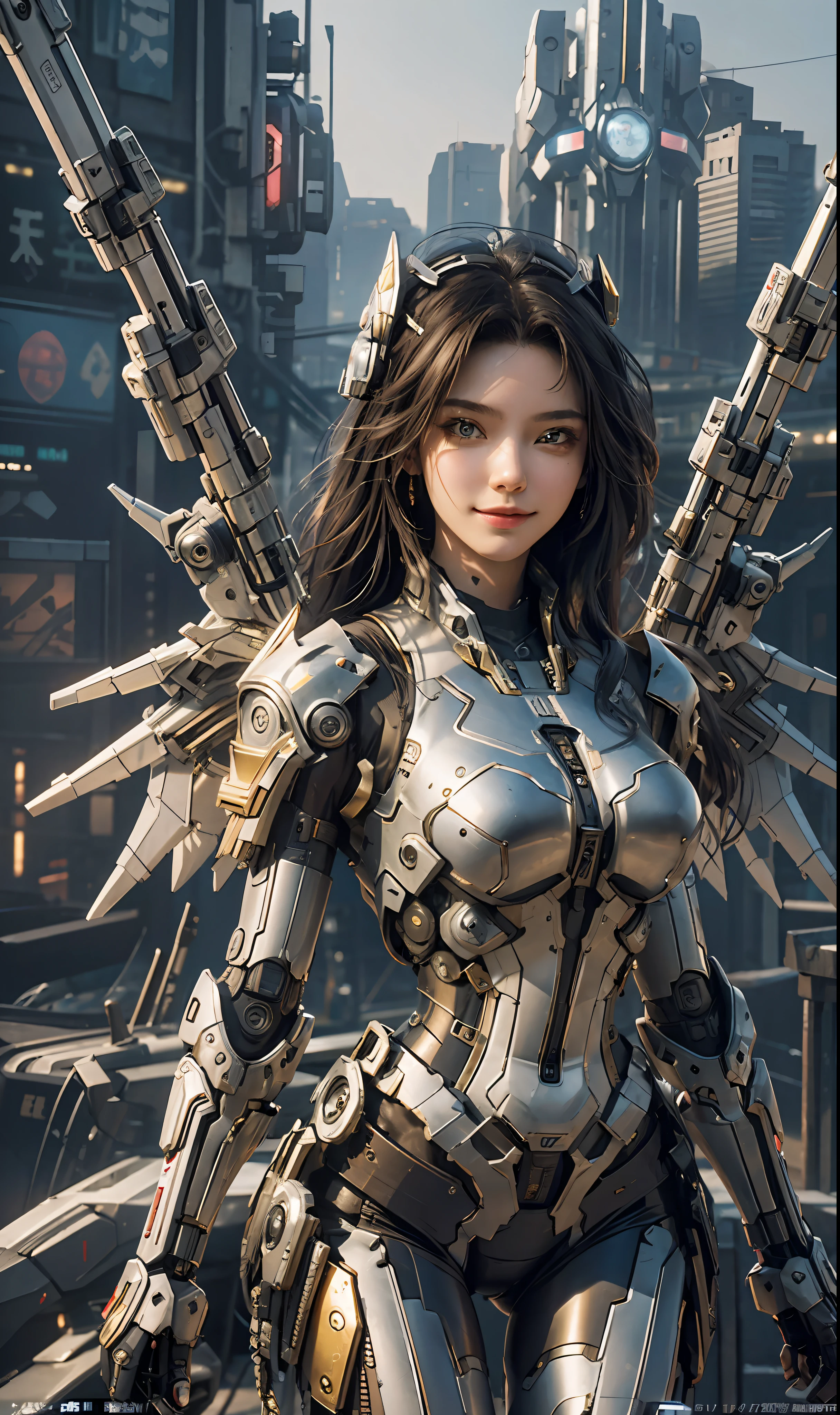 masterpiece,(bestquality),highlydetailed,ultra-detailed,1girl,(mechanicalwings:golden,glowingeyes:blue,goldenrarmor:1.2,elongatedears:0.8),(cyberpunkcity:1.5,weapon:energyblade),(fantasylandscape:1.2,natural lighting:1.5,confidentexpression),(panorama:1.2),mecha, smile,angle,Angels, wings,gold,raw