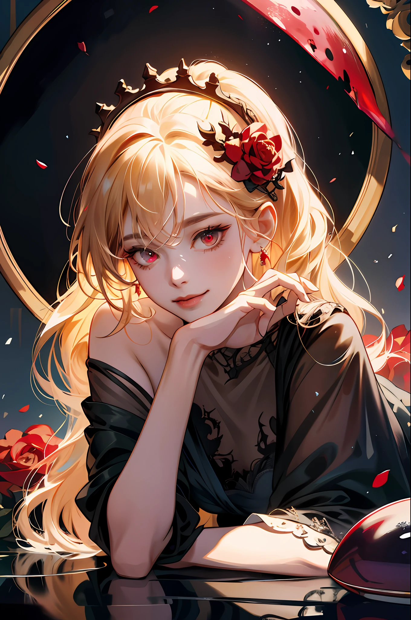 absurdres, highres, ultra detailed, 1girl, solo, extremely detailed eyes, moon,darkness,darkness dangerous castle, roes, bats,hair ornament, jewelry, looking at viewer, wine, hair with rose, drinking wine, tiara, earrings, red flower,red eyes, bangs, (blood dripping whole body: 1.1),blonde hair, long hair, ring, glass of wine, dangerous, fascinating,detailed background, her left hand is holding a glass of wine, smiling, realistic, artstation, very detailed CG,fine detail, complex details, (best illustration), 8k resolution, complex detail, best quality, realistic, ultra detail, best lighting, best shadow, ultra hd, cryengine, ultra hd, (detailed reflection), detailed shadow, (((complex detail))),