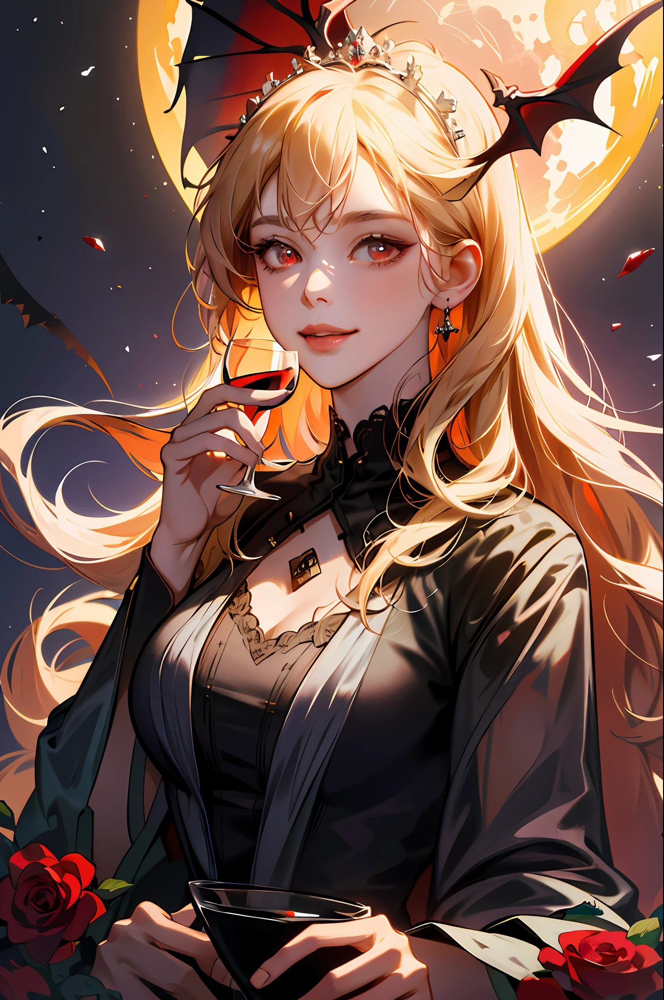 absurdres, highres, ultra detailed, 1girl, solo, extremely detailed eyes, moon,darkness,darkness dangerous castle, roes, bats,hair ornament, jewelry, looking at viewer, wine, hair with rose, drinking wine, tiara, earrings, red flower,red eyes, bangs, (blood dripping whole body: 1.1),blonde hair, long hair, ring, glass of wine, dangerous, fascinating,detailed background, her left hand is holding a glass of wine, smiling, realistic, artstation, very detailed CG,fine detail, complex details, (best illustration), 8k resolution, complex detail, best quality, realistic, ultra detail, best lighting, best shadow, ultra hd, cryengine, ultra hd, (detailed reflection), detailed shadow, (((complex detail))),