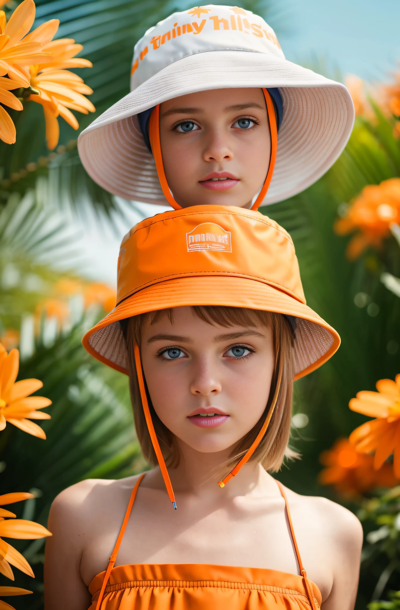 Kristina Pimenova, close-up ethereal girl with soft porcelain Silver pixie short hair, big blue eyes, Orange Summer Dress, thigh-highs, starlight, (((orange bucket hat hat with flowers))), cotton candy, model fashion, thighs, full body, showing feet, the ocean and palms in the background, art by wlop, artstation, trending, ultra HD, 4k, detailed anatomy, (shiny skin), ((oiled skin)), dramatic lighting, high contrast, skin indentation, delicate, high-quality unreal engine 5, ultra-realistic style, detailed face, flower accessory, soft pastel background color, colofUnreal Engine 5, Cinematic, Color Grading, portrait Photography, Ultra-Wide Angle, Depth of Field, hyper-detailed, beautifully color-coded, insane details, intricate details, beautifully color graded, Unreal Engine, Cinematic, Color Grading, Editorial Photography, Photography, Photoshoot, Shot on 70mm lens, Depth of Field, DOF, Tilt Blur, Shutter Speed 1/1000, F/2