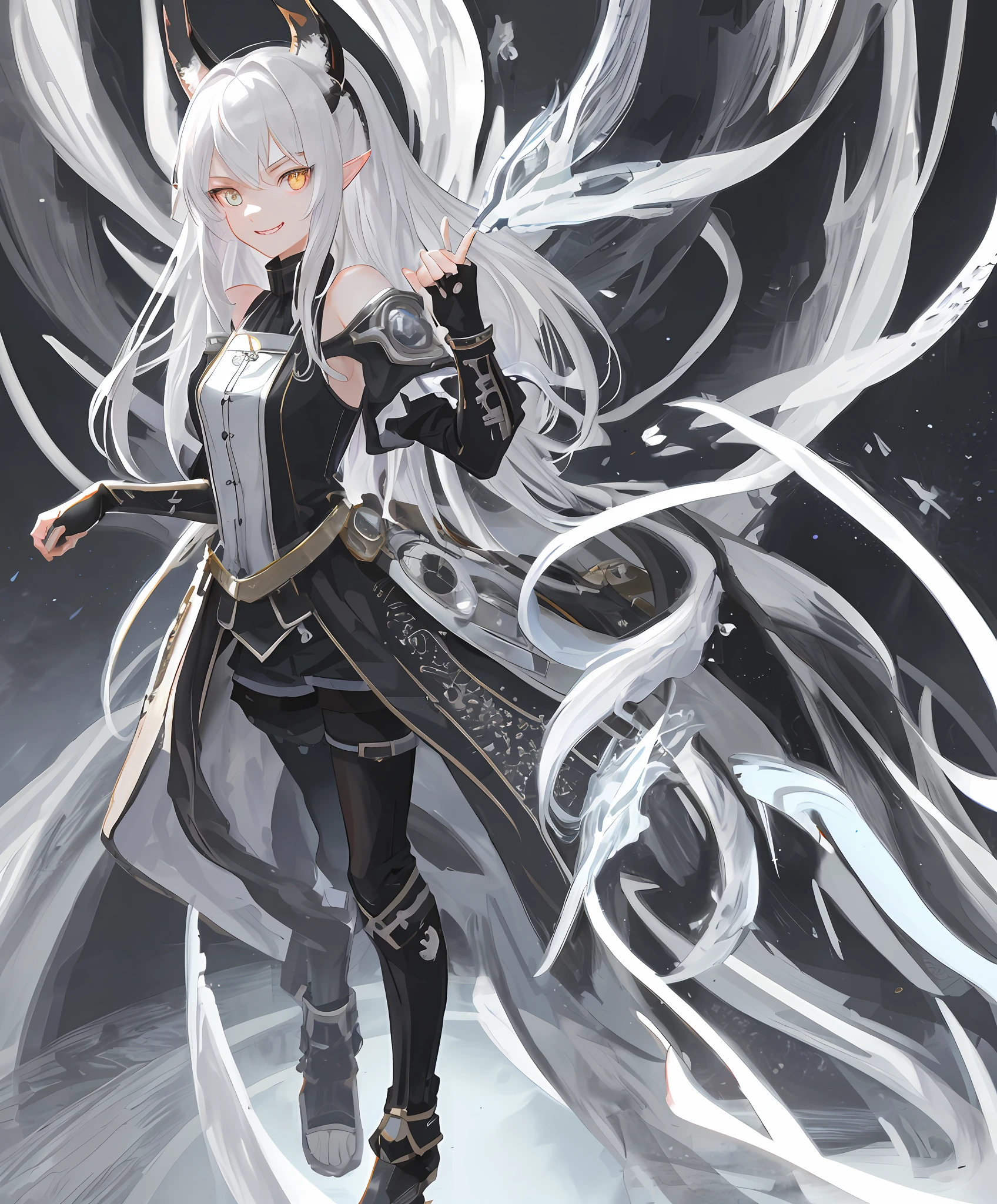 2D, masterpiece, best quality, anime, highly detailed face, highly detailed eyes, highly detailed background, perfect lighting, full body, 1girl, solo, dragon girl, incredibly detailed face and neck scales, dragon horns, bare shoulders, sharp teeth, standing, barefoot, incredibly detailed shoulder scales, incredibly detailed forearm scales, cute smile, incredibly detailed yellow cat eyes,  white hair, incredibly detailed black locks, pointy ears, medium hair, tomboy girl, highly detailed character, teenage girl