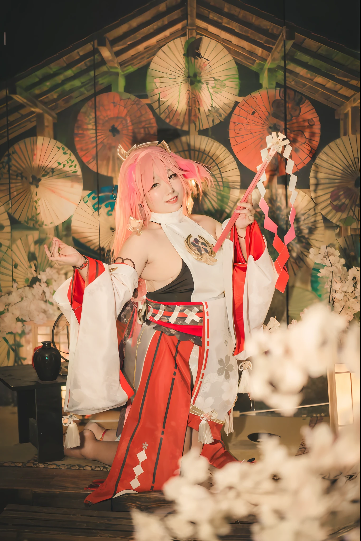 There is a woman with pink hair and white robe holding a knife, Ayaka cosplay, cosplay photo, haruno sakura, anime cosplay, anime girl cosplay, gorgeous cosplay, haruno sakura, kinomoto sakura, cosplay, anime style mixed fujifilm, magical girl portrait, ayaka game genshin impact, fox nobunshi , kana mooka, genshin_impact, crystalfly_ (genshin_impact), yae_miko, nanmu, 1 girl, animal_ears, bangs, breasts, cherry_blossoms, cowboy_shot, detached_sleeves, earrings, falling_petals, floating_hair, floppy_ears, floral_print, flower_knot, fox_ears, hair_between_eyes, hair_ornament, hand_up, japanese_clothes, jewelry, long_hair, long_sleeves, looking_at_viewer, medium_breasts, nontraditional_miko, petals, purple_eyes, red_skirt, ribbon_trim, shirt, sideburns, skirt, sleeveless , sleeveless_shirt, solo, tassels, thighs, turtleneck sweater, white_sleeves, wide_sleeves