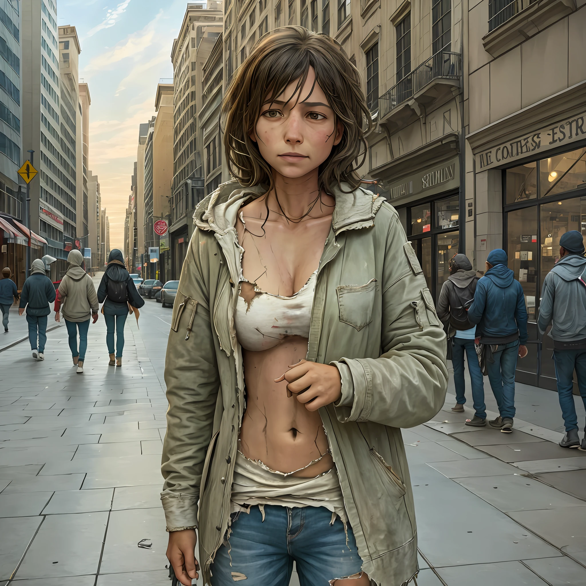 Homeless woman with torn and dirty clothes in the city super realistic well detailed