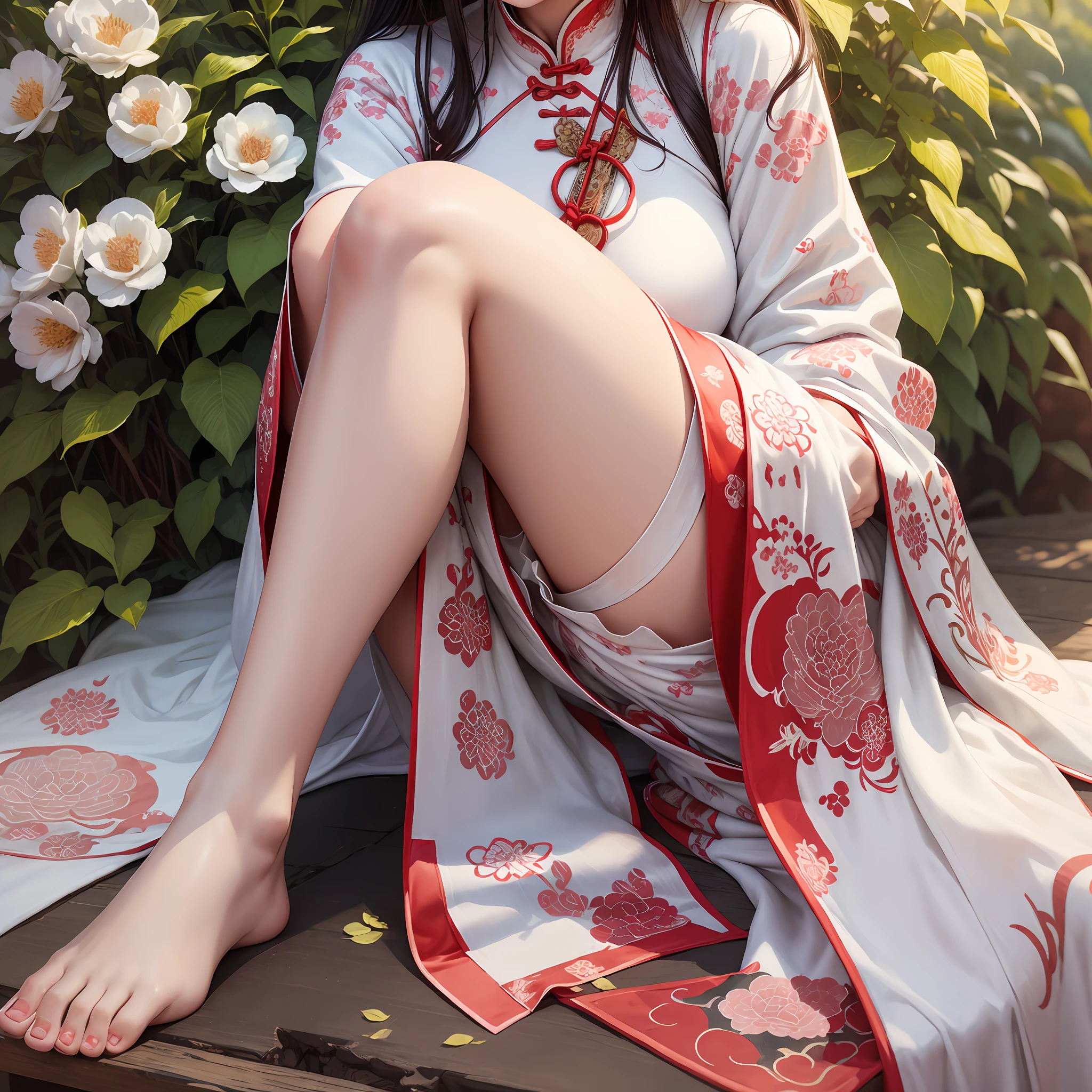 1 girl, sitting cross-legged, sexy seductive pose, (single, full-body, young, big breasts: 1.2), detailed face, shiny skin, skinny, long legs, intricate details, close-up of white dress with red buttons, white hanfu, cheongsam, traditional Chinese clothing, ancient white dress, Chinese costume, hanfu, white fashion clothing, white Taoist robe, traditional Chinese costume, Chinese ancient costume, traditional costume, classical robe, casual white clothes, white brocade fabric, damask dress