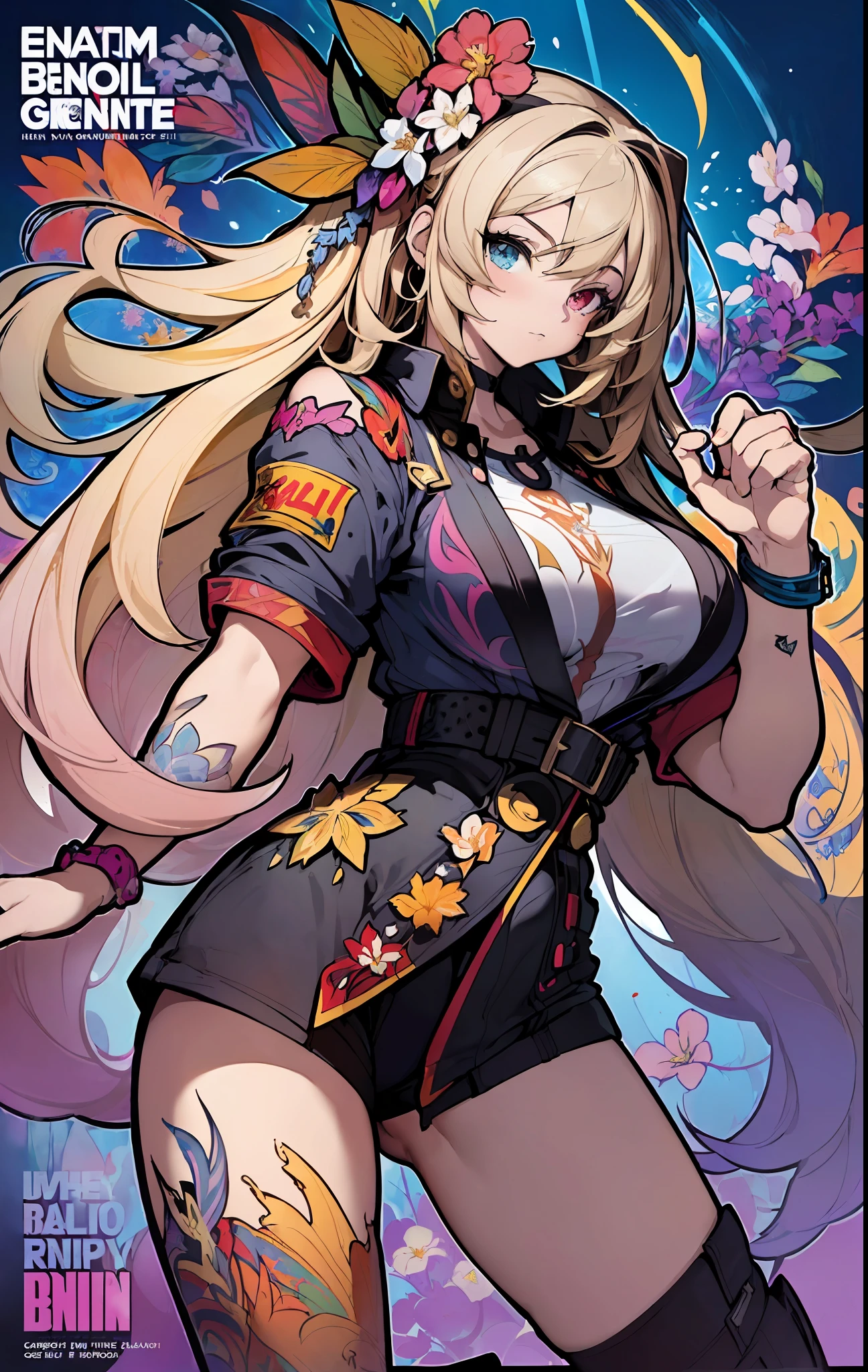 ((((espetacular))) ((heróico)) (((intenso))),background, misto-language_text, letras japonesas em graffit ,garotas, excelente iluminação, sidelighting, (), vhsKeeper,, estilo GUILTY GEAR -STRIVE perfeito ultimate (cor plana: 1.3), (magazine_cover: 1.4), (multicolored_background: 1.3), striped_background, card_background, :: estilo comix por joe madureira :: peças circulares de metais brancas coladas nos braços saindo brilho amarelo cintilante,beautiful woman with long hair ultra detailed, (beautiful and clear background:1.2),, fantastic paintings ,graffit style, flowers, olhos altamente detalhados , a t-shirt or dressed in a white blouse underneath, with both fists in a fighting position, and bracelets, fighting against an enemy, with long black hair , stained glass colored, out, vibrant, alphonse mucha style, fantastic paintings by joe madureira ,high quality, art,kelly brook beautiful woman with long blonde hair , freedom, soul, digital illustration, comic style, perfect anatomy, centered, approaching perfection, dynamic, highly detailed, watercolor painting, artstation, concept art, smooth, sharp focus, illustration, art by carne griffiths and wadim kashin,big breast,alone anime girl with a medium lenght pose and cute clothes, short pastel blonde hair , heterochromia, perfect anatomy