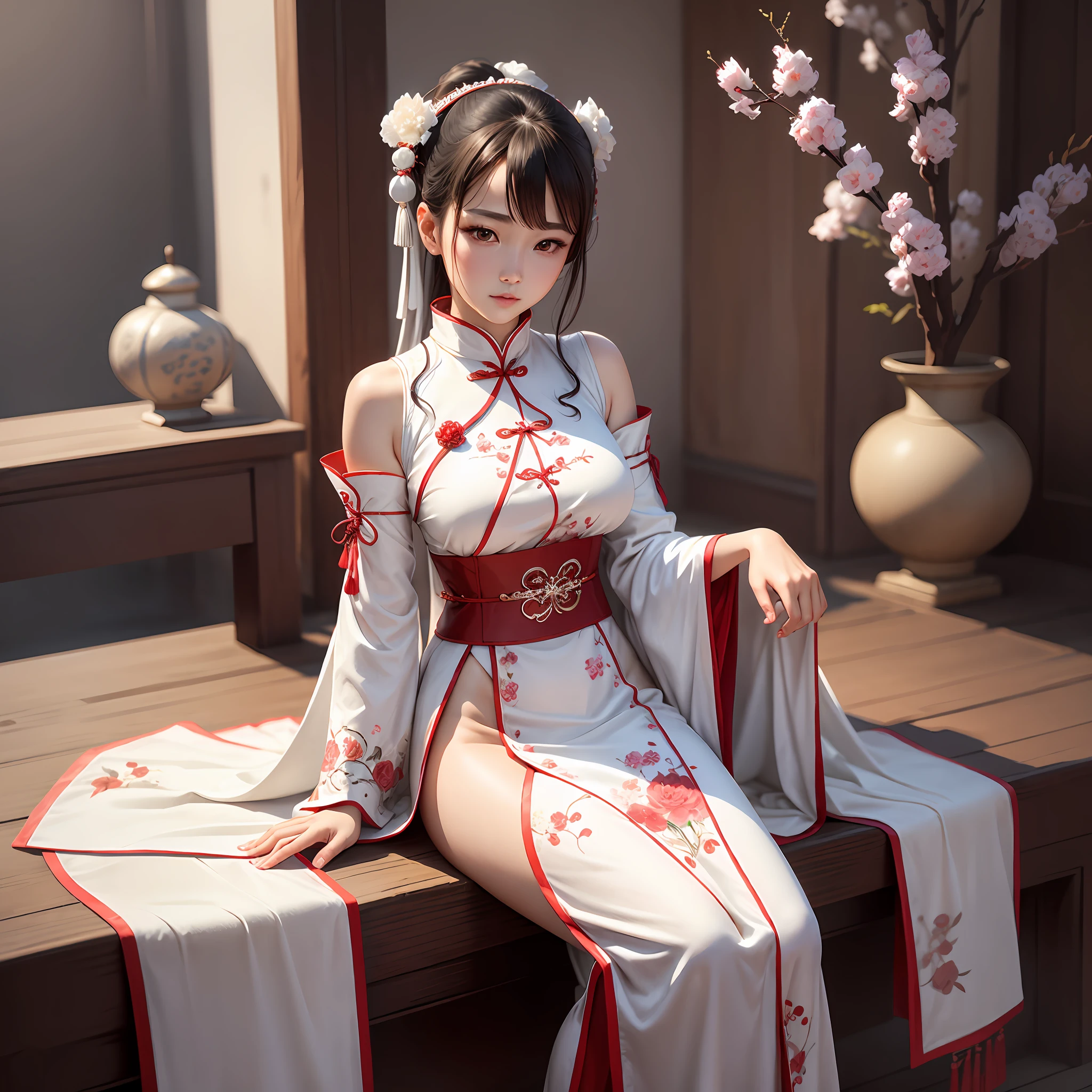 1 girl, sitting cross-legged, sexy seductive pose, (single, full-body, young, big breasts: 1.2), detailed face, shiny skin, skinny, long legs, intricate details, close-up of white dress with red buttons, white hanfu, cheongsam, traditional Chinese clothing, ancient white dress, Chinese costume, hanfu, white fashion clothing, white Taoist robe, traditional Chinese costume, Chinese ancient costume, traditional costume, classical robe, casual white clothes, white brocade fabric, damask dress