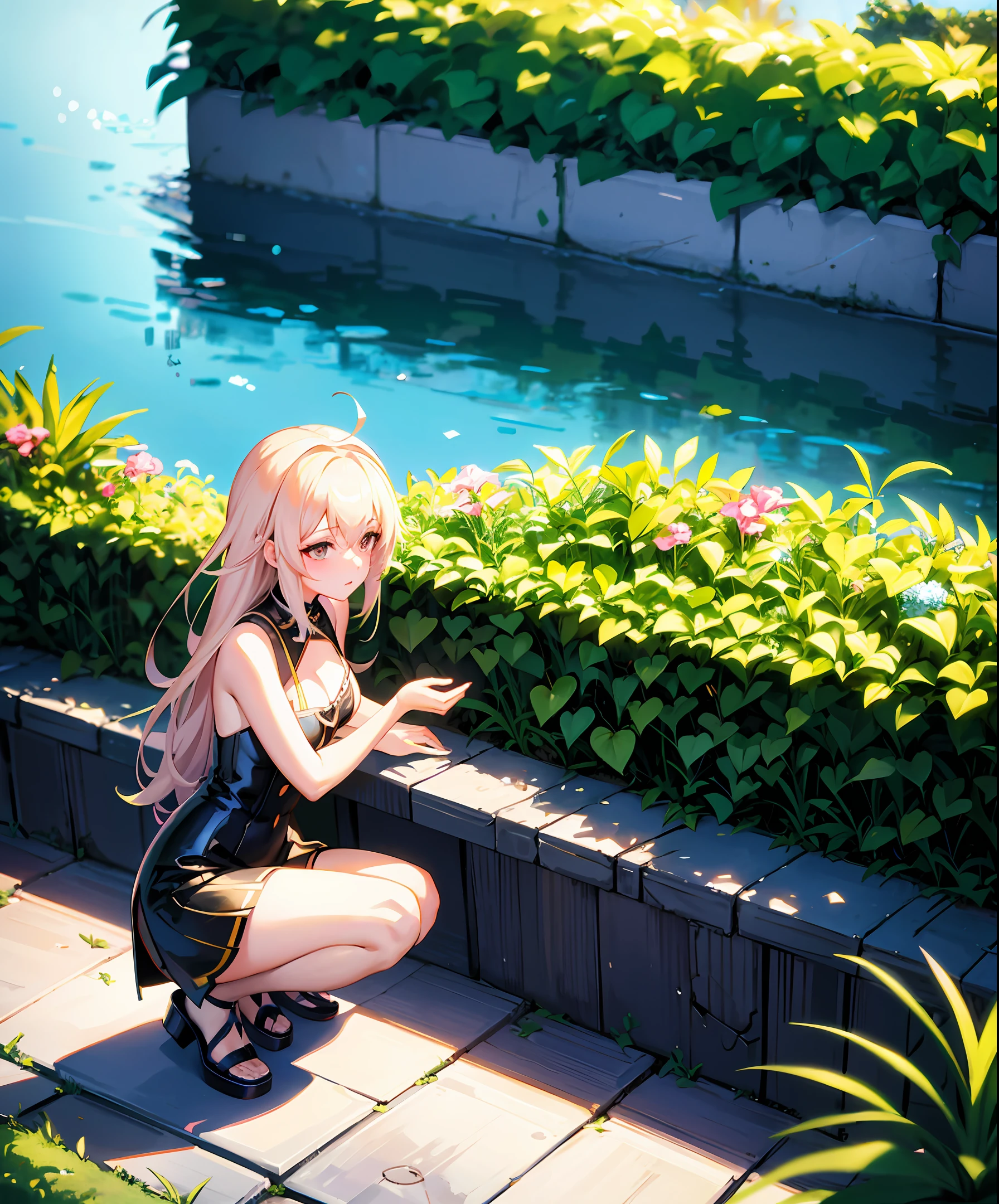 anime girl sitting on a ledge with a potted plant in front of her, anime moe artstyle, cute anime girl, smooth anime cg art, an anime girl, girls frontline style, beautiful anime girl squatting, [ 4 k digital art ]!!, artwork in the style of guweiz, anime girl, (anime girl), anime visual of a cute girl