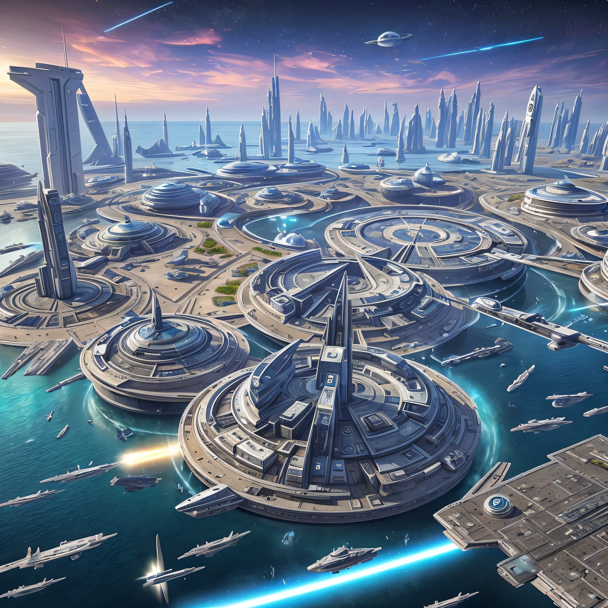 There are three Star Wars spaceships, Star Wars buildings, futuristic bases, and a lot of rooms and high-rise buildings in the waters near the city. Space opera and dystopian style, 3D rendering of sci-fi spaceport, Coruscant, futuristic spaceport, huge futuristic temple city, futuristic space station, Star Wars setting, sci-fi base, futuristic palace, sci-fi space station, alien city, daytime, lots of spaceships. --auto --s2