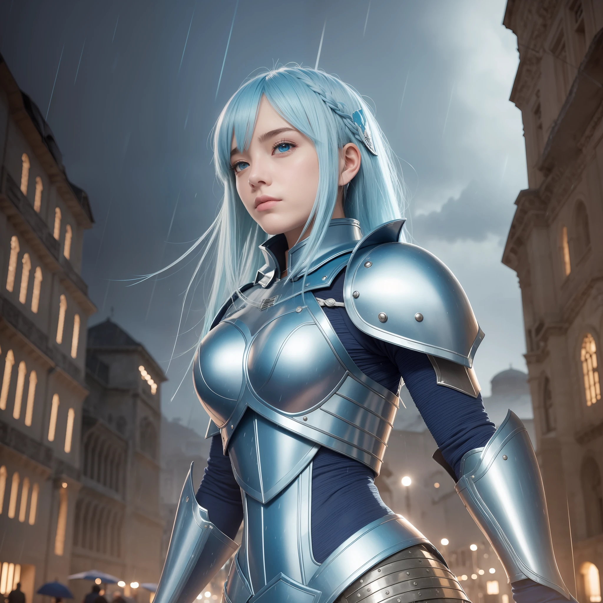 girl, light Blue hair, withe and blue armor, guerreiros portadores da luz, cidade medieval, escura, batalha, épico, guerra, Surrealism, 8k, super detail, war, battle, darkness, rain, night, fight, torchs, war, conflict, ultra detailed --auto --s2