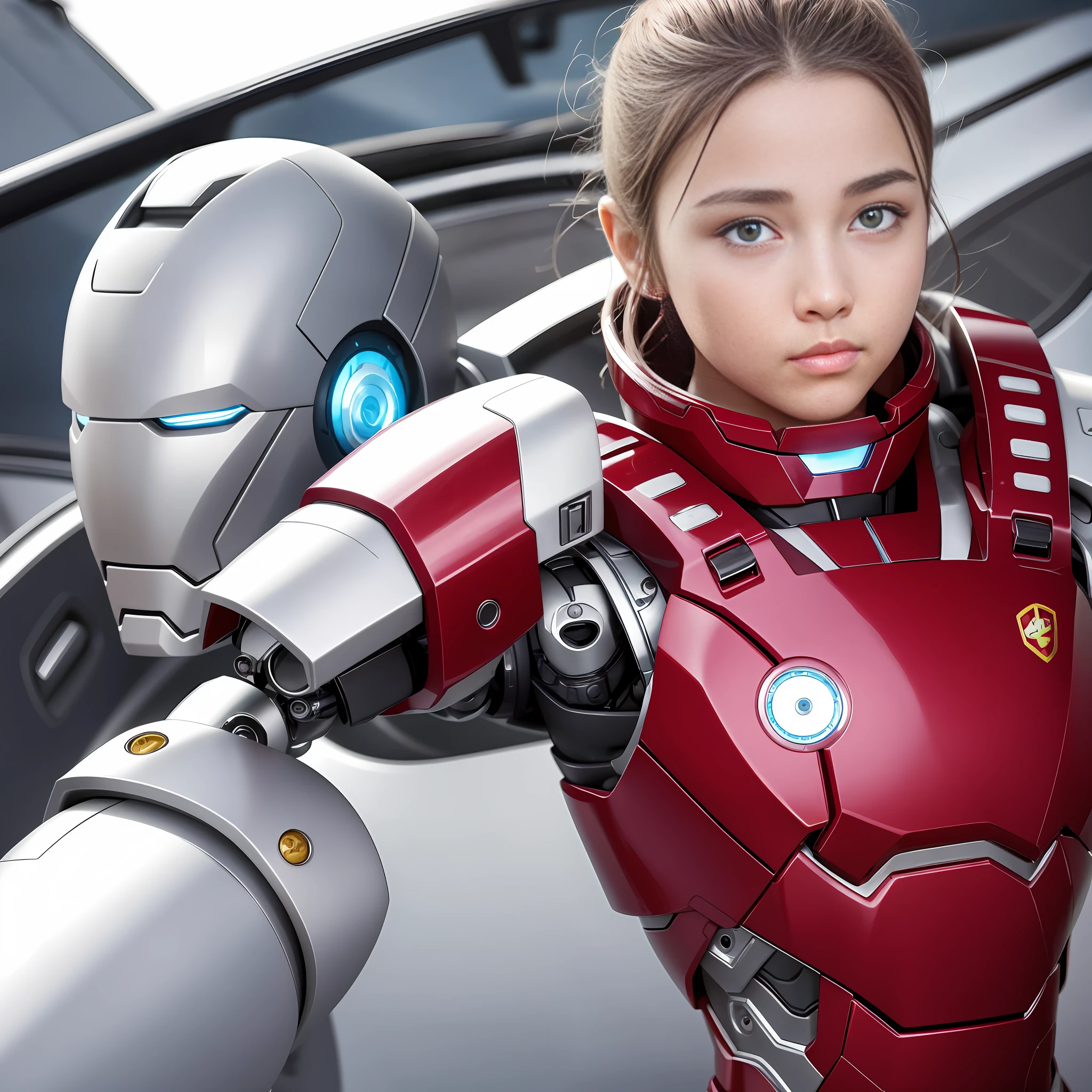 Highest image quality, highest resolution, 8K, human face, mechanical body, modified person, delicate facial features, 14-year-old girl's face, robotic arm, and a miniature nuclear reactor like Iron Man on his chest