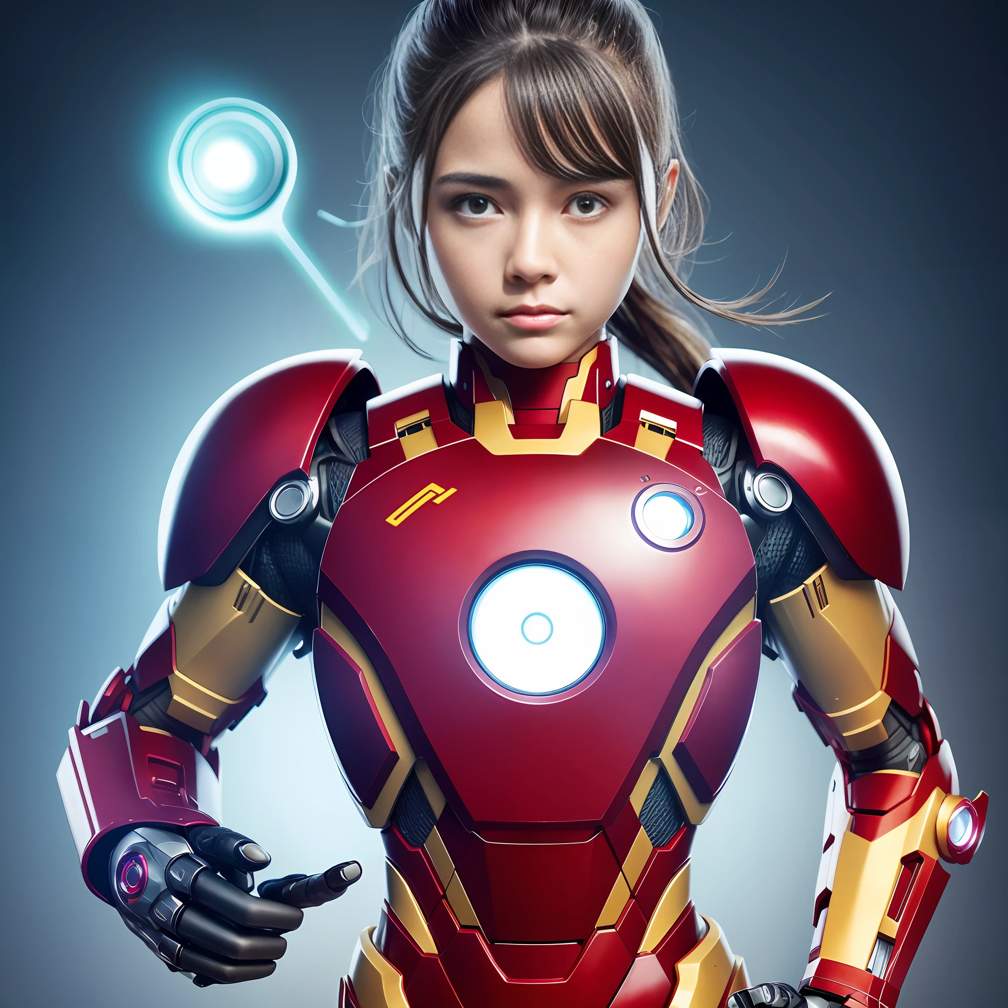 Highest image quality, highest resolution, 8K, human face, mechanical body, modified person, delicate facial features, 14-year-old girl's face, robotic arm, and a miniature nuclear reactor like Iron Man on his chest