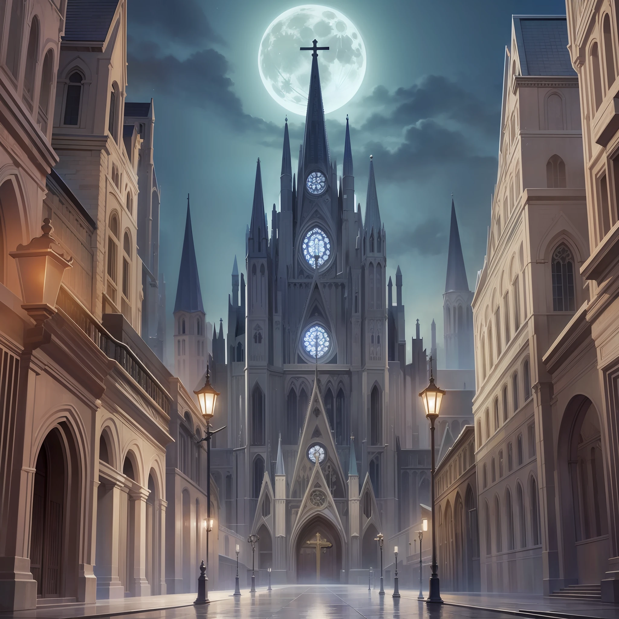((visual novel background)), (cathedral at night time), church, silent city, moon