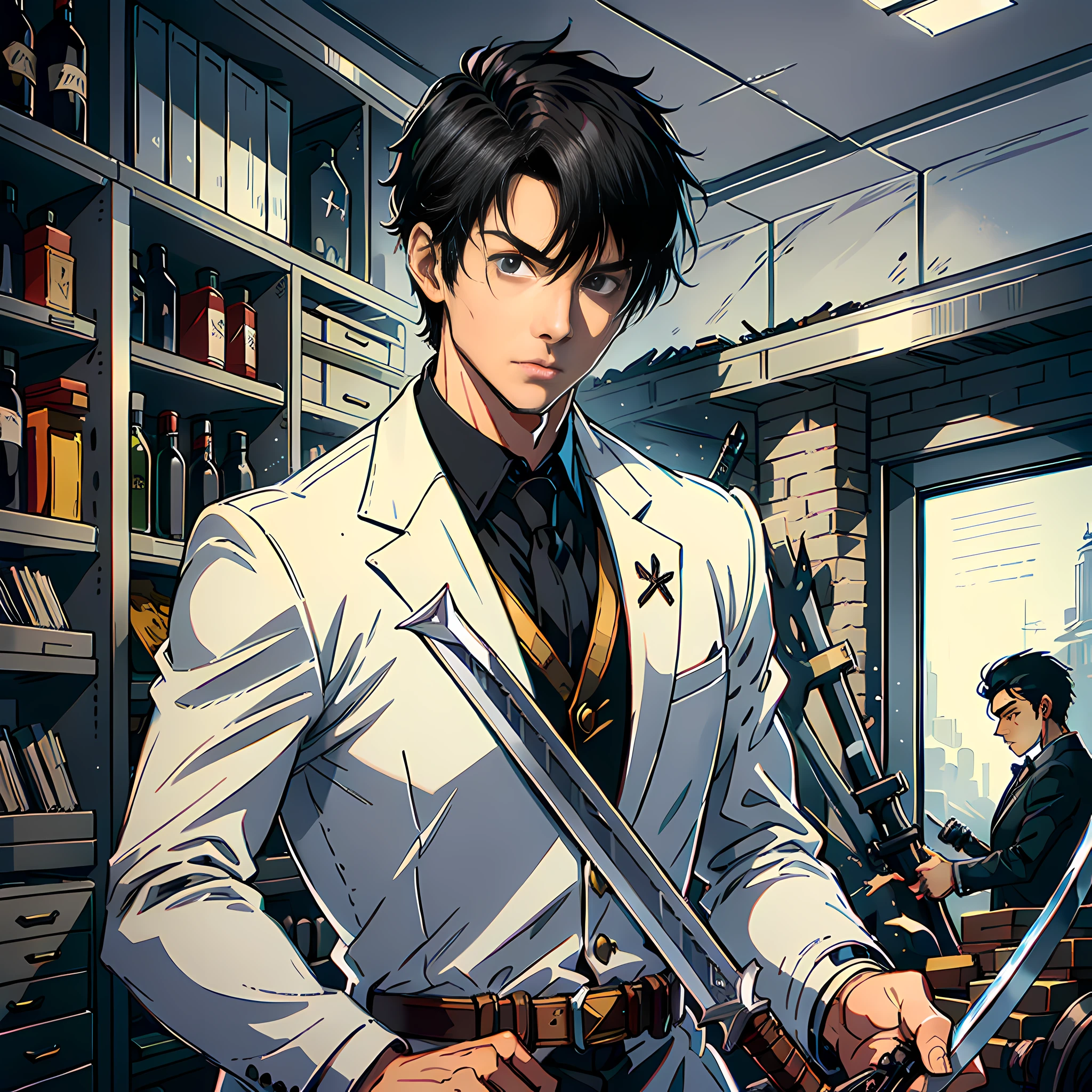Weapon room, with a lot of knives, swords, bows, crossbows, cold weapons, no alcohol, a handsome boy, white suit, facial hyper-detail, short black hair, black eyes, facial hyper-detail, highly real, 4K, chiaroscuro, super high detail