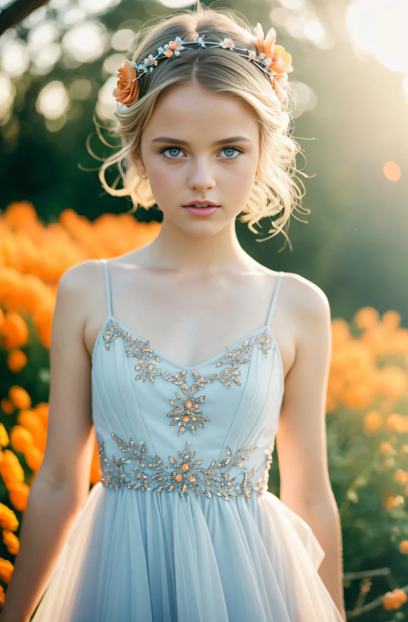 Kristina Pimenova, close-up ethereal girl with soft porcelain Silver pixie short hair, big blue eyes, Orange Summer Dress, cotton candy, model fashion, thighs,  the ocean in the background, art by wlop, artstation, trending, ultra HD, 4k, detailed anatomy, (shiny skin), ((oiled skin)), dramatic lighting, high contrast, skin indentation, delicate, high-quality unreal engine 5, ultra-realistic style, detailed face, flower accessory, soft pastel background color, colofUnreal Engine 5, Cinematic, Color Grading, portrait Photography, Ultra-Wide Angle, Depth of Field, hyper-detailed, beautifully color-coded, insane details, intricate details, beautifully color graded, Unreal Engine, Cinematic, Color Grading, Editorial Photography, Photography, Photoshoot, Shot on 70mm lens, Depth of Field, DOF, Tilt Blur, Shutter Speed 1/1000, F/2