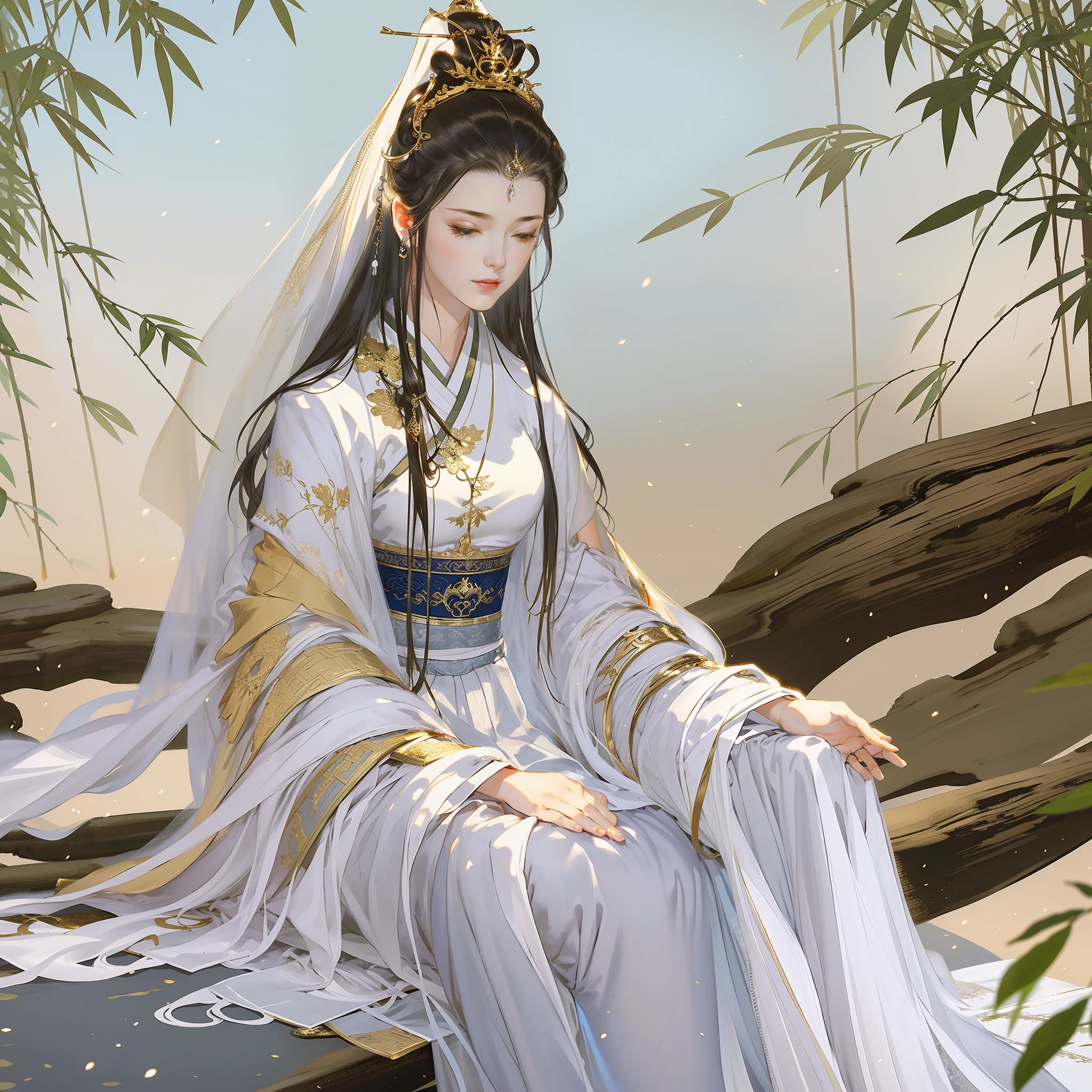 An ancient Chinese girl, sitting cross-legged, full body portrait, eyes closed, red mole on the eyebrows, clear facial features, golden light on the head, flowing white long skirt, (crown veil), body surrounded by white mist, fairy fluttering temperament, behind the bamboo forest, movie edge light, delicate light, masterpiece, super detailed, epic composition, super HD, high quality, highest quality, 32k