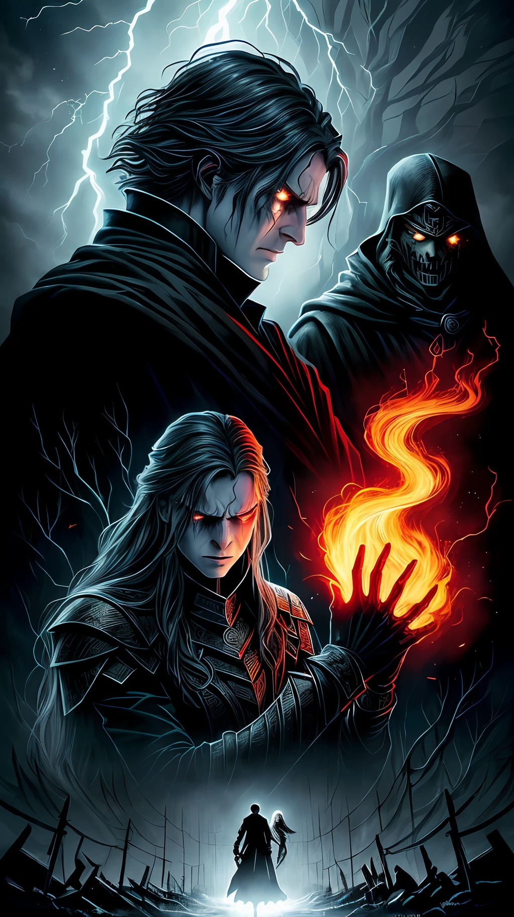 The illustration depicts the nine heroes in situations of physical and psychological torment, each facing their own individual trials. The surrounding environment is dark and oppressive, reflecting the intensity of the suffering they are going through.
Each character is depicted in a distinct torture scene, symbolizing the different forms of anguish they face. Clara can be seen tied to chains, while Gwendolyn faces a storm of lightning and thunder that hits her. Eleanor is surrounded by flames, struggling to escape, and Eduard is trapped in an ice prison, his body weakening from the cold.
Helena is confronting her own painful memories in a mental maze, while Laura is tormented by shadowy creatures that pursue her incessantly. Aria is in the midst of a spiral of reality distortion, struggling to maintain her sanity, and Caleb faces a fierce battle against a powerful enemy.
Mortis, the central protagonist, is in a desperate struggle against his own inner darkness, facing monstrous manifestations of his deepest fears. Each character displays expressions of pain, despair, and determination on their faces, evidencing the intensity of their torment.
The lighting of the scene is dark and atmospheric, with sharp shadows and beams of dim light that highlight the outlines of the characters. The details of facial expressions, costumes and environments are represented with care, creating an atmosphere of tension and agony.
The illustration is in black and white, emphasizing the anguish and suffering of the heroes. Textures and contrasts are used to create a sense of depth and realism in the torture scenes.
This visual depiction of the heroes' torment invites readers to witness their struggle against the relentless trials that consume them. The illustration reflects the physical and psychological pain each character faces, underscoring the magnitude of their strengths being tested to the limit.