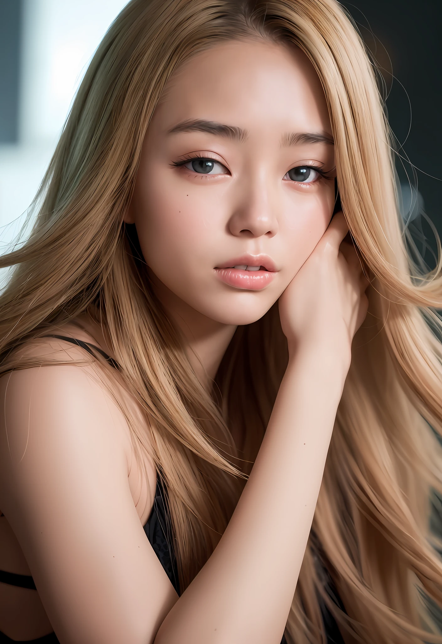 Amai Liu, Asian, At night, RAW photo, (((extremely beautiful portrait))), ((bright skin)), 1girl, 31 years old, Prague girl, ((natural blonde hair)), [blue eyes], long hair, eyeliner, flowing hair, vibration, ((masterpiece, best quality, hyper detailed, cinematic light, intricate details, high resolution, 8k, extremely detailed)), detailed background, 8k uhd, dslr, soft lighting, high quality, film grain, Fujifilm XT3,  shallow depth of field, natural light, (perfect hands), perfect face, distance vision