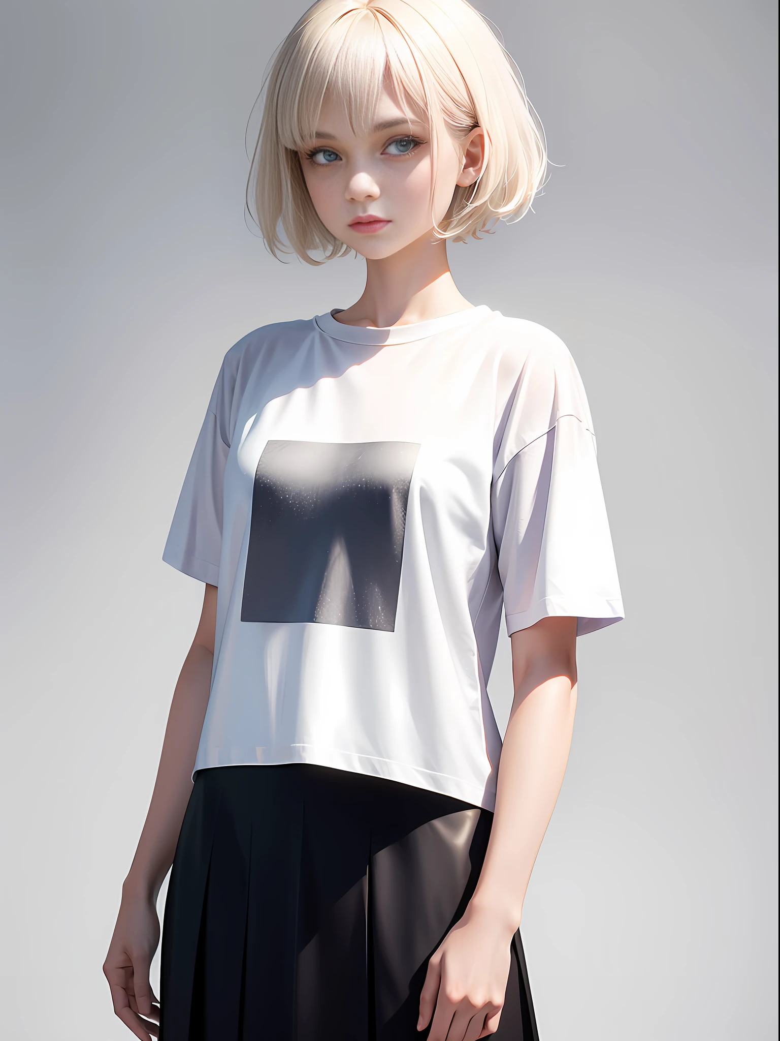 Masterpiece, best quality, 1 girl, 23 years old, facing the audience, facing the camera, hands in pockets, half, short hair, platinum blonde hair, t-shirt, skirt, solid background, white background, clean background