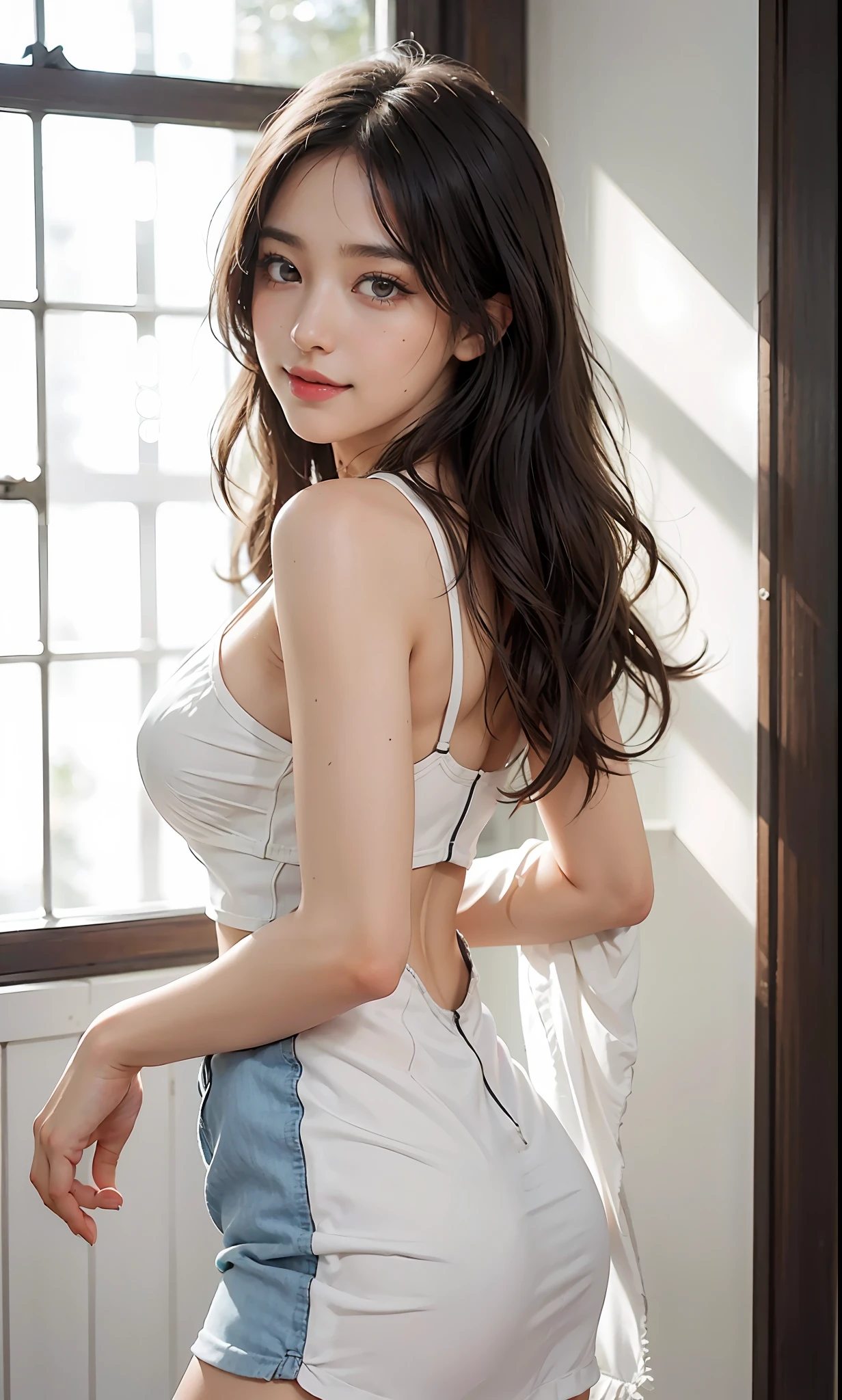 Daisy Johnson, sexy outfit, white wall, (8k, RAW photo, photorealistic: 1.25), (lots of lip gloss, lots of eyelashes, smile, top quality, ultra high resolution, depth of field, chromatic aberration, causticism, wide light, natural colors, Japan people, slr image quality, realistic Japan beauty, gravure idol, skin type, adult