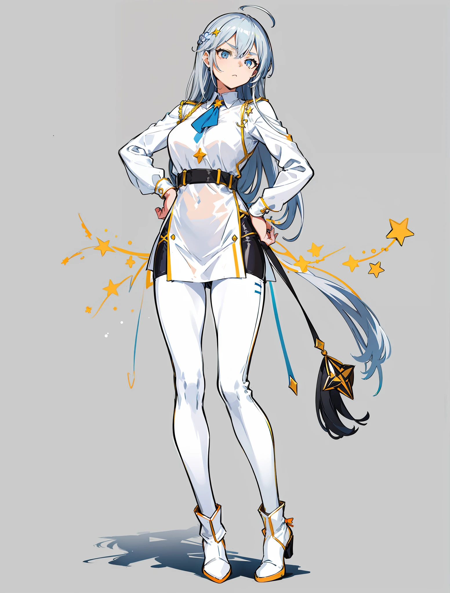 In Yusuke Murata style, full body, looking at the camera, pose, long silver hair that shines like stars in the sunlight. His eyes are an intense blue, reminiscent of the night sky and conveying serenity. This character has an average height and a delicate appearance, however, her look expresses determination and courage, she wears a white tunic with silver details, reminiscent of constellations. Complementing the look, he wears tight black pants and leather boots, providing comfort and mobility during his adventures. A star amulet hanging from his neck, a gift from his mother, completes his costume, city scenery in the background, clothing with yellow details, and orange, black pants.