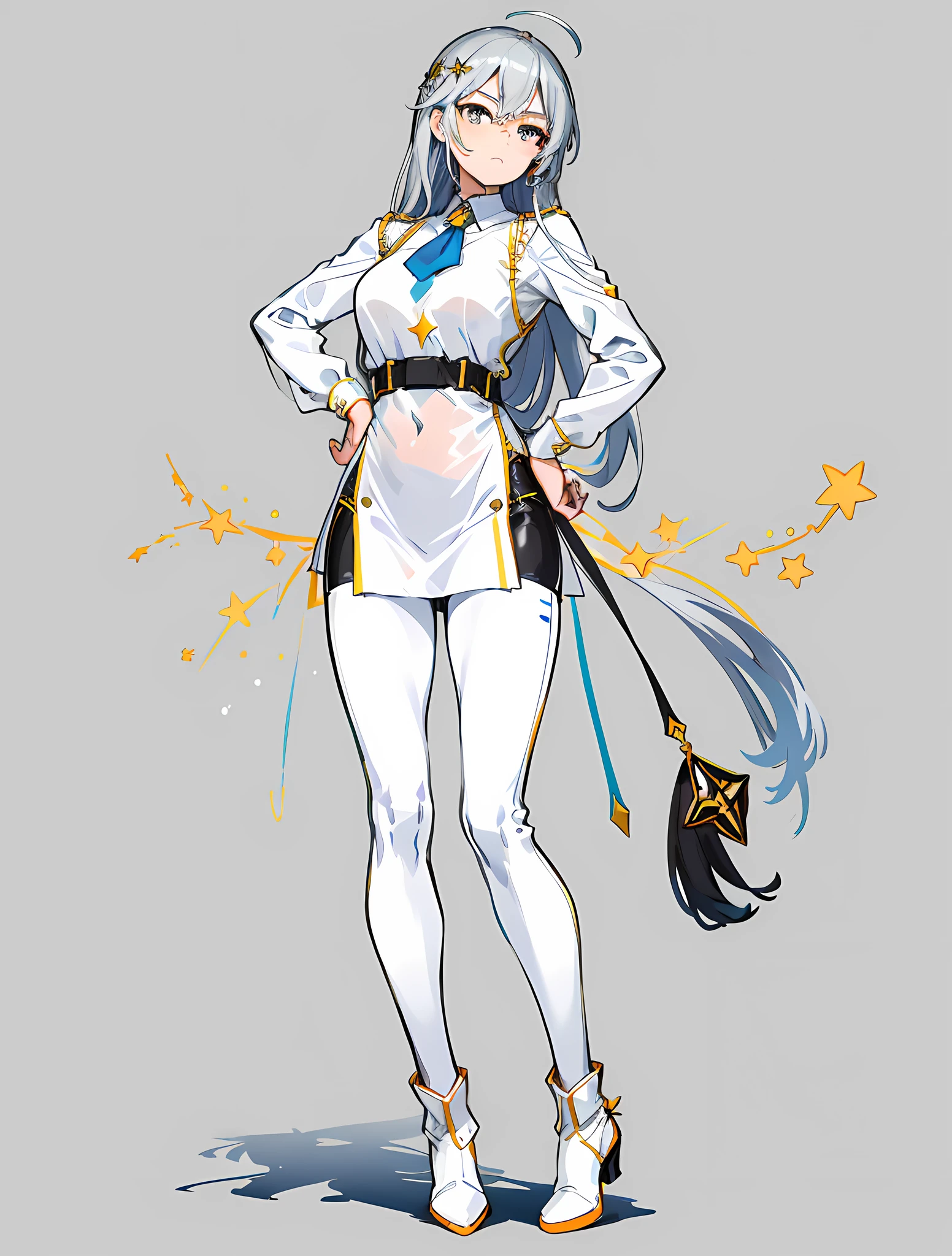 In Yusuke Murata style, full body, looking at the camera, pose, long silver hair that shines like stars in the sunlight. His eyes are an intense blue, reminiscent of the night sky and conveying serenity. This character has an average height and a delicate appearance, however, her look expresses determination and courage, she wears a white tunic with silver details, reminiscent of constellations. Complementing the look, he wears tight black pants and leather boots, providing comfort and mobility during his adventures. A star amulet hanging from his neck, a gift from his mother, completes his costume, city scenery in the background, clothing with yellow details, and orange, black pants.